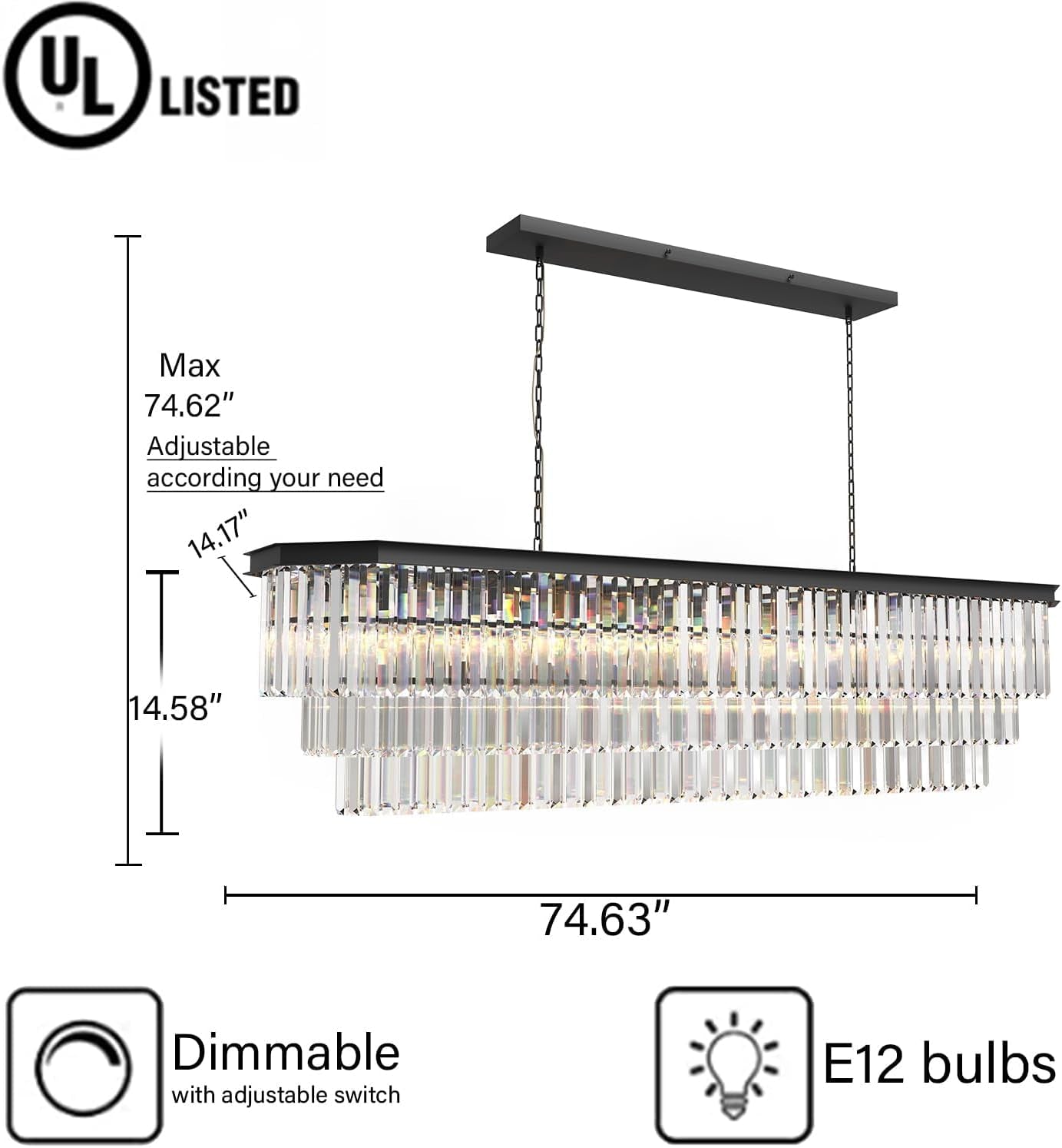 Crystal Chandelier, 23-Light 3 Tiers Hexagon Crystal Light, Adjustable Hanging Metal Ceiling Lighting Fixture, Modern Foyer Dining Room Chandeliers for Bedroom,Hallway,Kitchen, L59-Inch Black