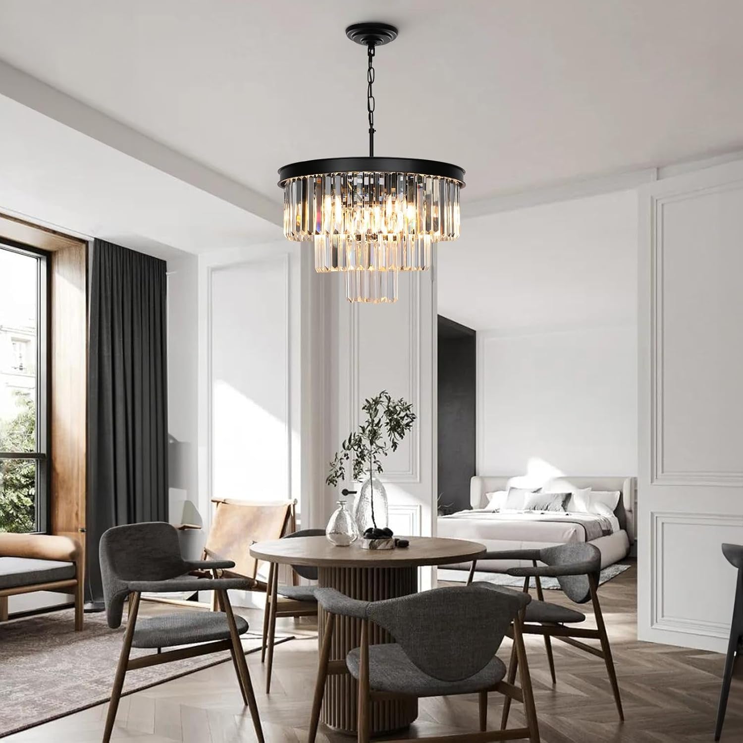 Crystal Chandeliers for Dining Room Lights Fixtures, 9 Lights Black Modern Chandeliers for Bedroom, 3-Tier round Crystal Lighting Fixtures for Living Room Entryway Kitchen Island D20 Inch