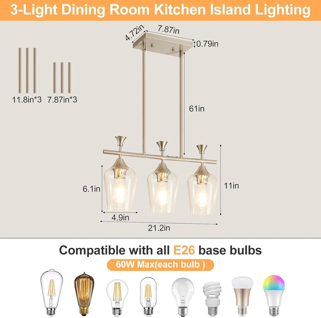 21.2" Dining Room Light Fixture/Chandelier over Table, 3-Light Brushed Nickel Kitchen Island Lighting with Clear Glass Shade, Modern Hanging Pendant Lights Fixture for Kitchen Island, Dining Room, Bar