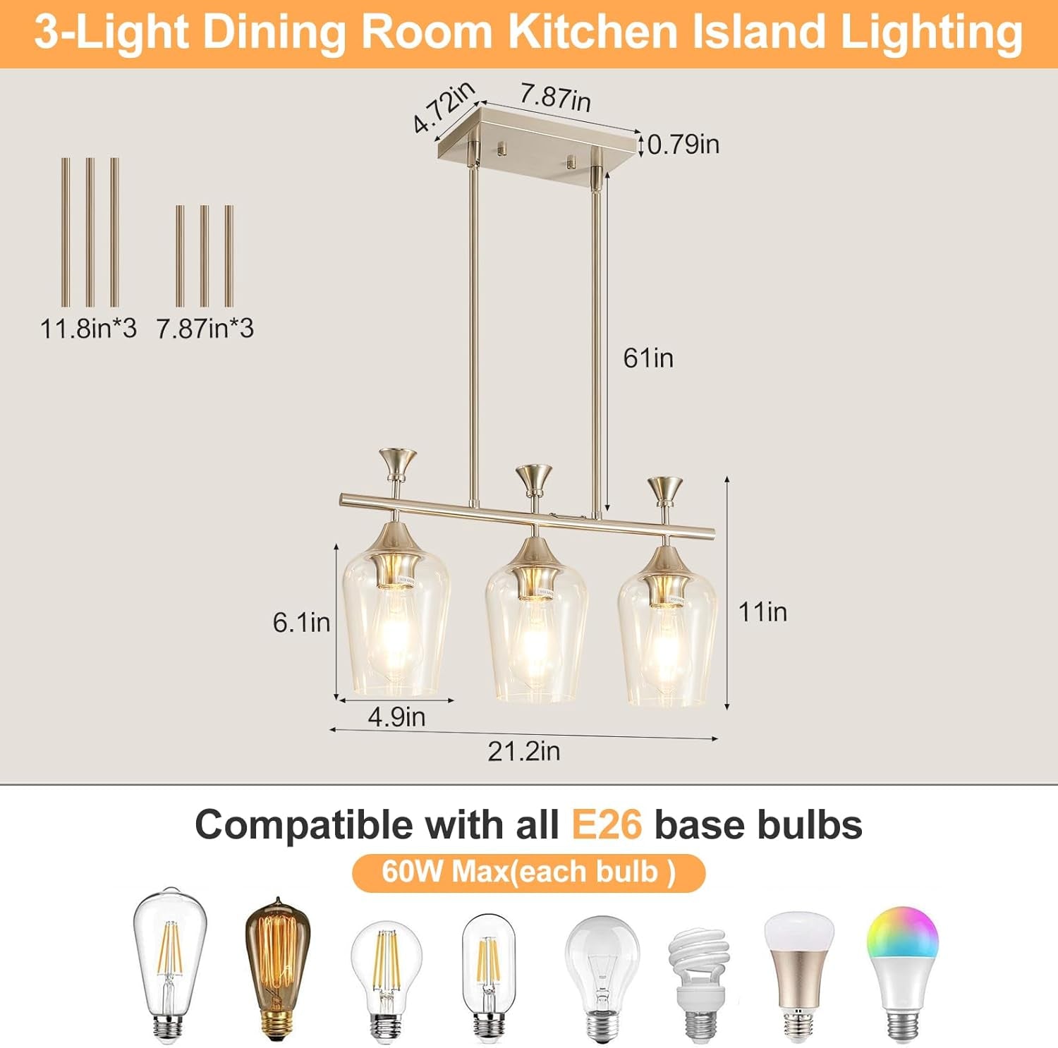 21.2" Dining Room Light Fixture/Chandelier over Table, 3-Light Brushed Nickel Kitchen Island Lighting with Clear Glass Shade, Modern Hanging Pendant Lights Fixture for Kitchen Island, Dining Room, Bar