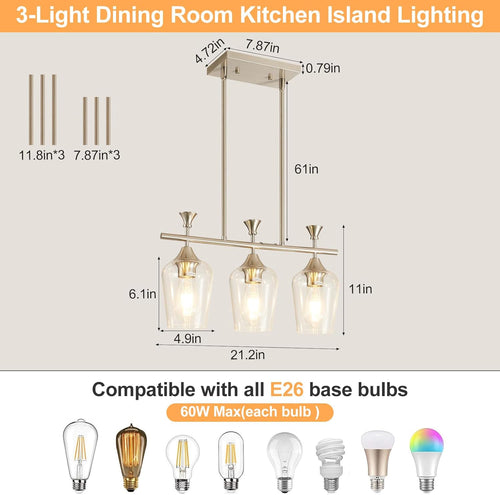 21.2" Dining Room Light Fixture/Chandelier over Table, 3-Light Brushed Nickel Kitchen Island Lighting with Clear Glass Shade, Modern Hanging Pendant Lights Fixture for Kitchen Island, Dining Room, Bar