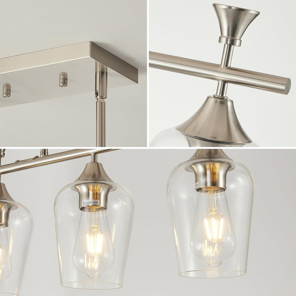21.2" Dining Room Light Fixture/Chandelier over Table, 3-Light Brushed Nickel Kitchen Island Lighting with Clear Glass Shade, Modern Hanging Pendant Lights Fixture for Kitchen Island, Dining Room, Bar