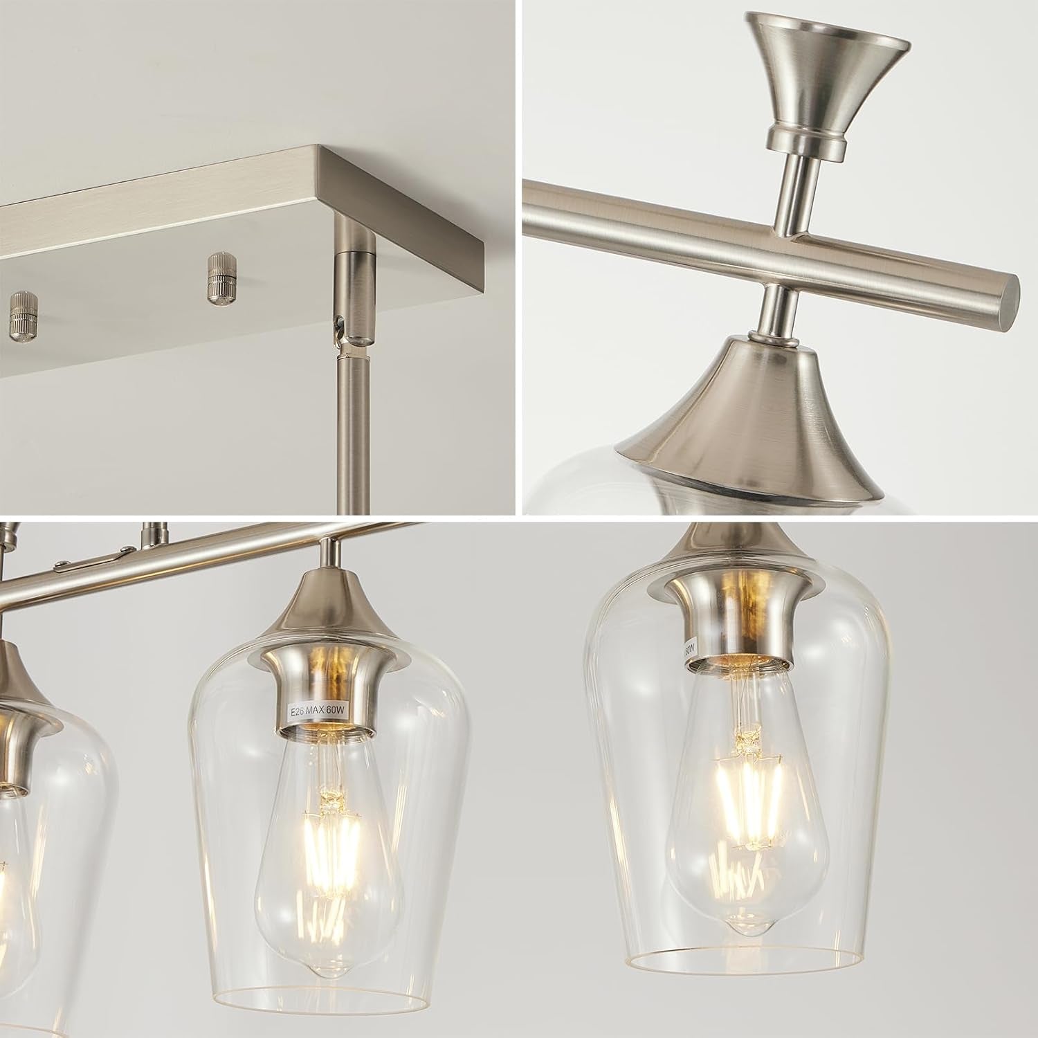 21.2" Dining Room Light Fixture/Chandelier over Table, 3-Light Brushed Nickel Kitchen Island Lighting with Clear Glass Shade, Modern Hanging Pendant Lights Fixture for Kitchen Island, Dining Room, Bar