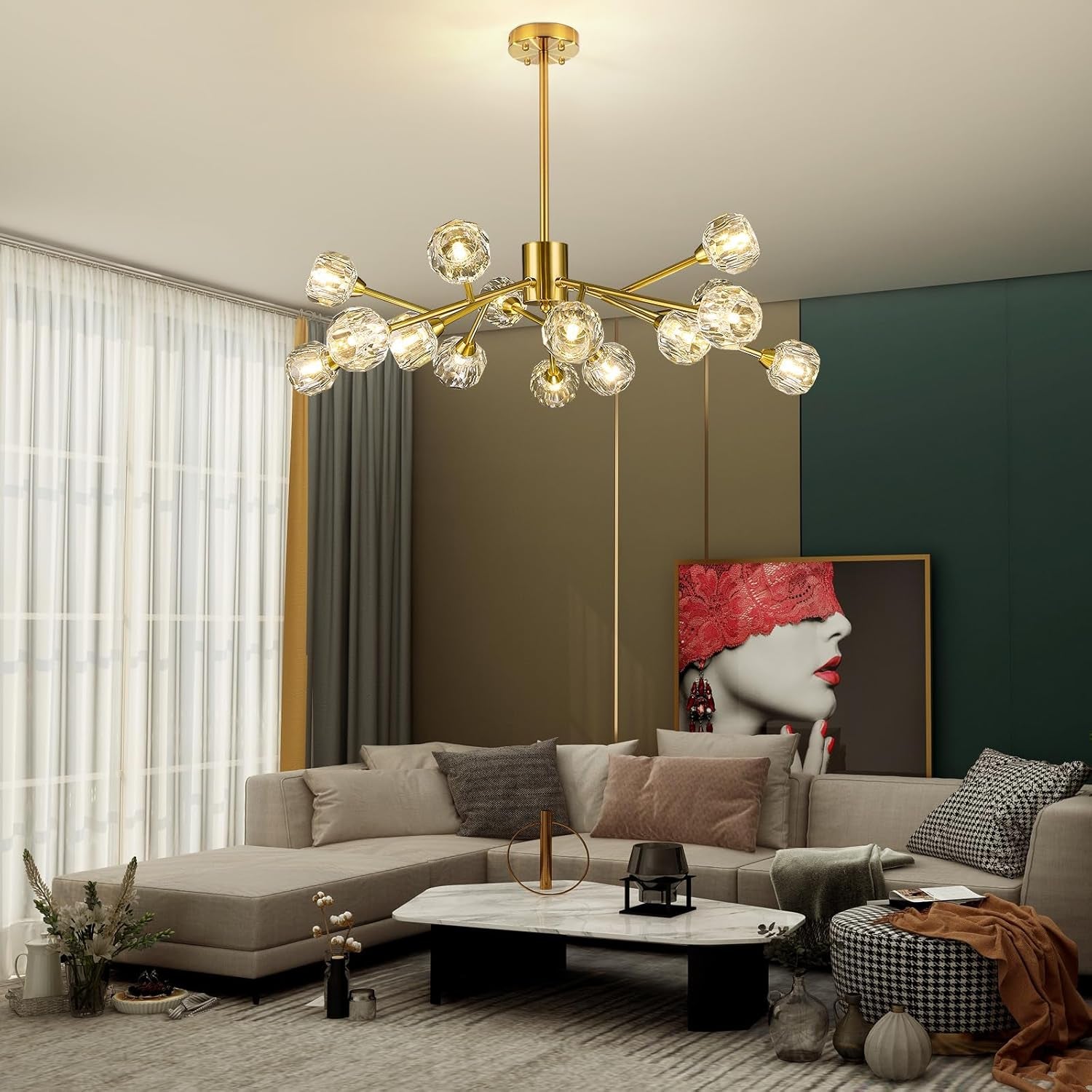 Sputnik Chandeliers for Dining Room Light Fixtures,Modern Crystal Chandeliers for Living Room,15 Lights Gold Mid Century Brass Lighting Fixtures for Kitchen Island Bedroom Entryway