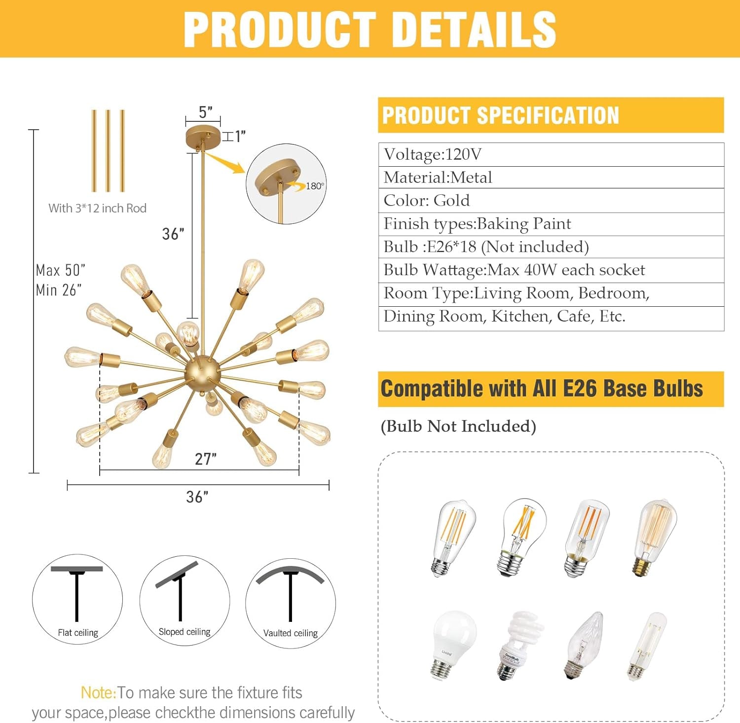 18 Light Gold Sputnik Chandeliers for Dining Room Light Fixture | Modern Farmhouse Chandeliers over Table Hanging Lighting for Living Dining Room, Kitchen Island, Entryway, Foyer