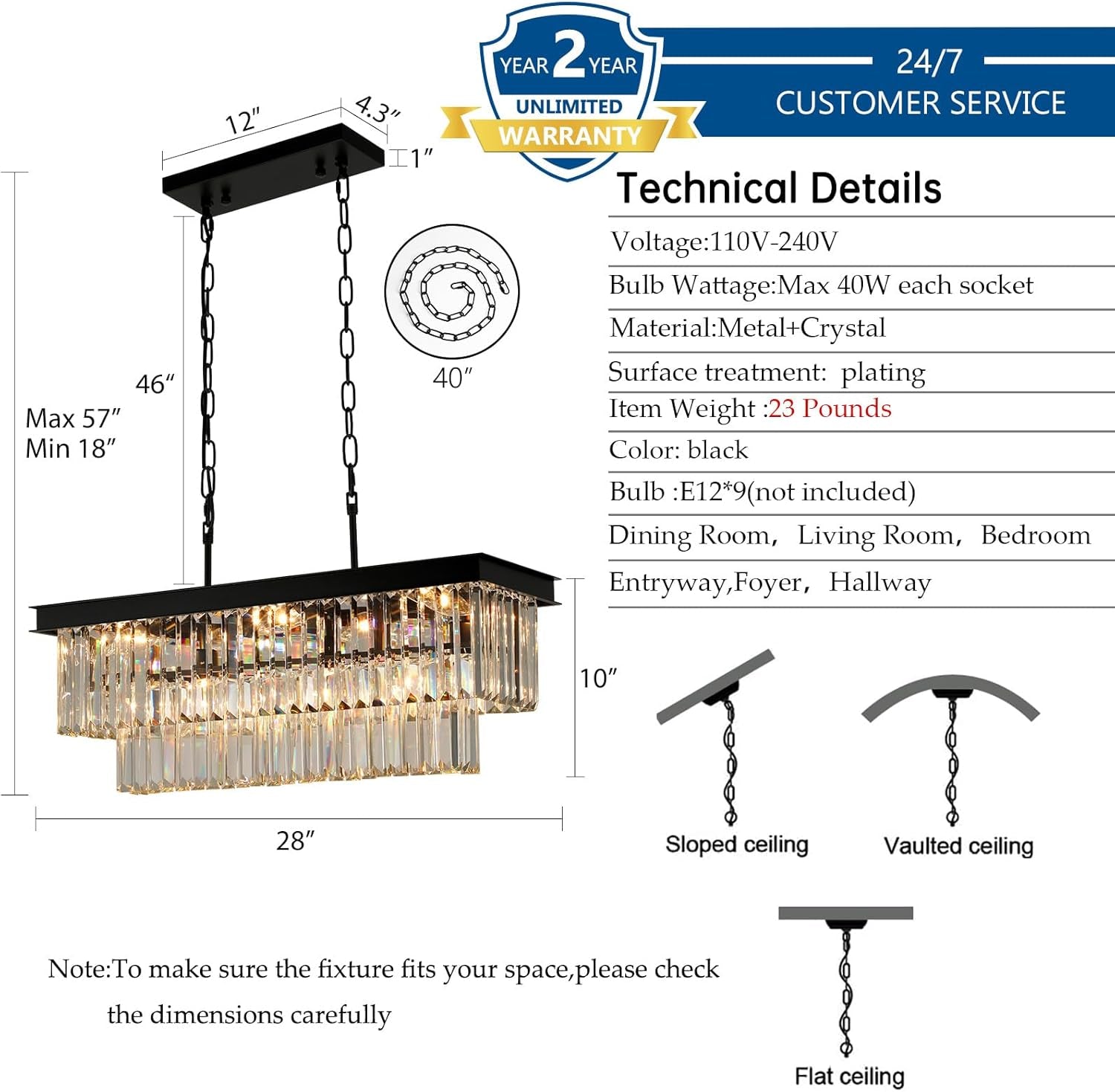 Black Crystal Chandeliers for Dining Room Light Fixtures over Table，9-Lights Modern Rectangle Chandeliers for Kitchen Island Bar L28 Inch