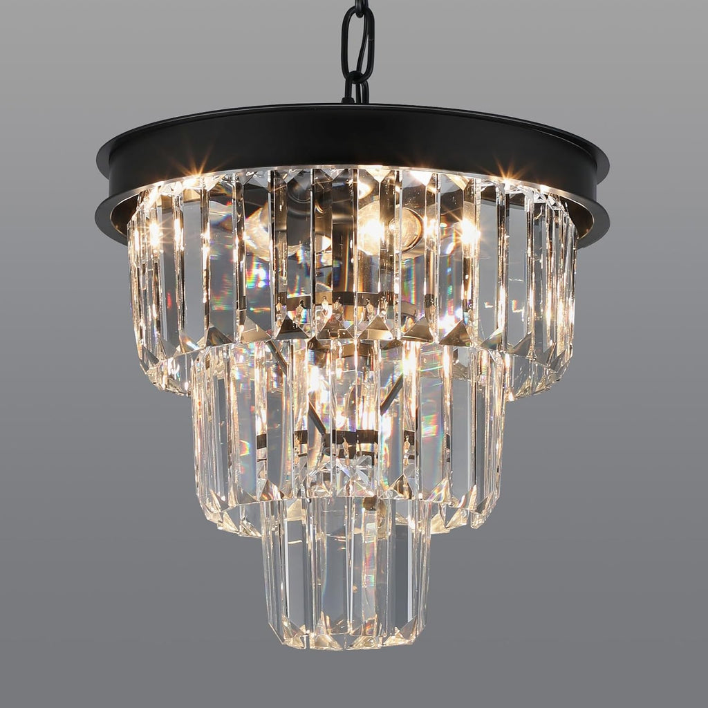 Crystal Chandeliers for Dining Room Light Fixtures over Table，4-Lights Modern Black Crystal Pendant Lighting Fixture，3 Tiers Small Chandeliers for Kitchen Island Bedroom Entryway D12 Inch