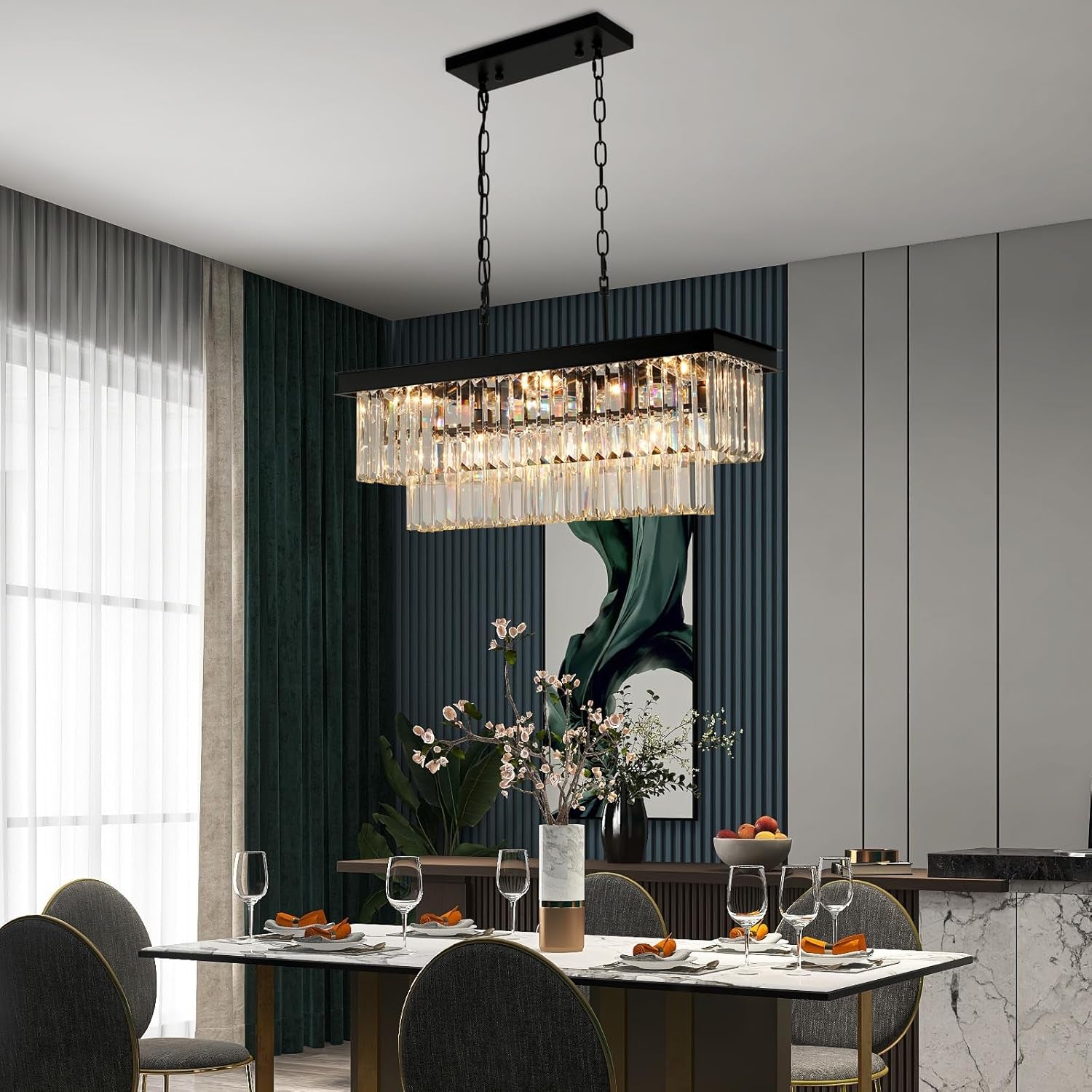 Black Crystal Chandeliers for Dining Room Light Fixtures over Table，9-Lights Modern Rectangle Chandeliers for Kitchen Island Bar L28 Inch