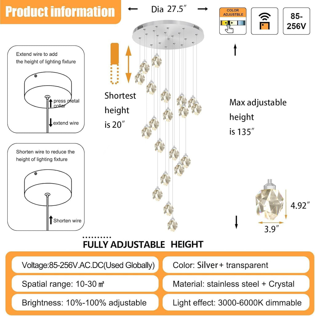 20-Light Modern Crystal Chandeliers for Staircase Foyer High Ceilings Chandeliers Long Spiral Crystal Chandeliers,K9 Crystal Drop Chandelier D28Xh135Inch