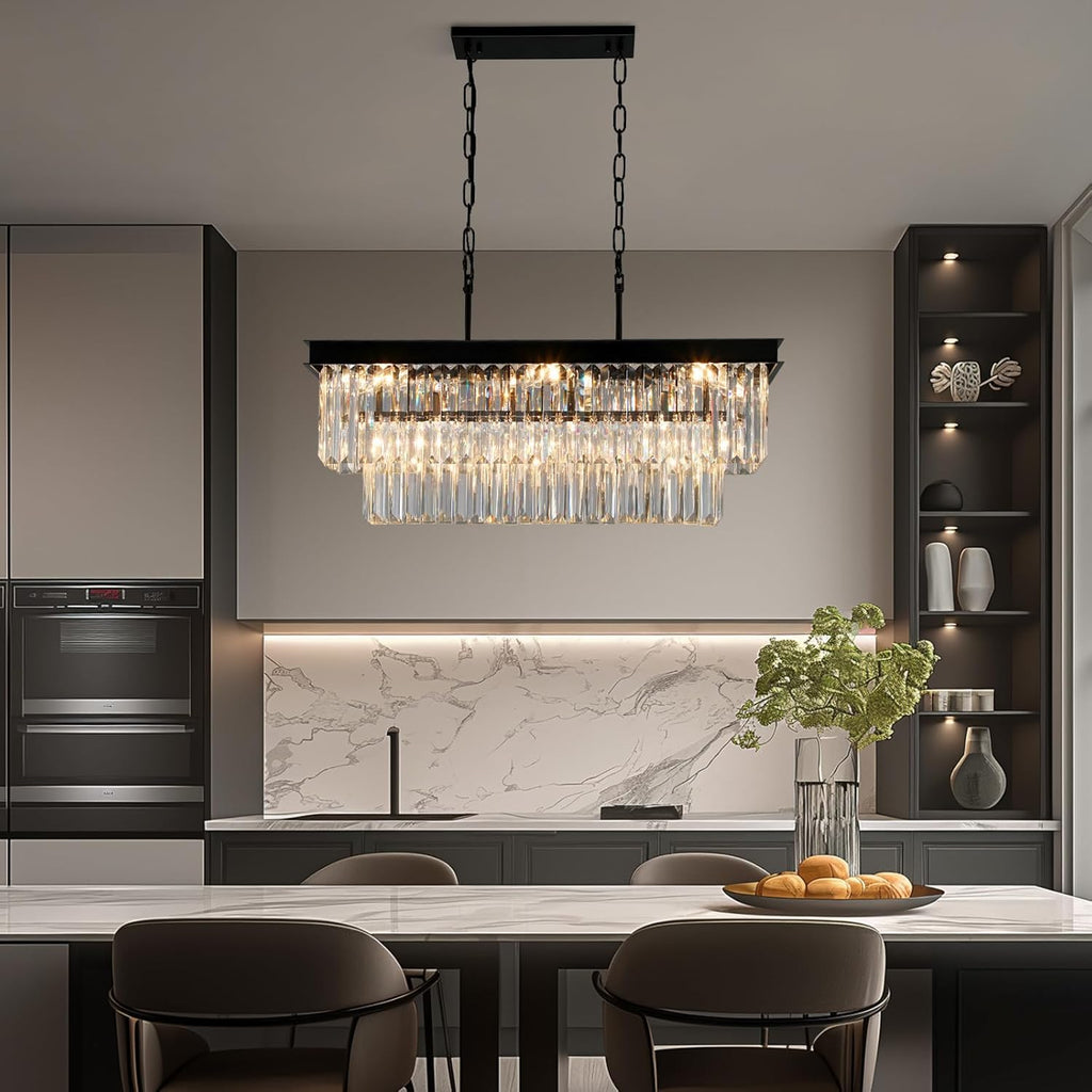 Black Crystal Chandeliers for Dining Room Light Fixtures over Table，9-Lights Modern Rectangle Chandeliers for Kitchen Island Bar L28 Inch