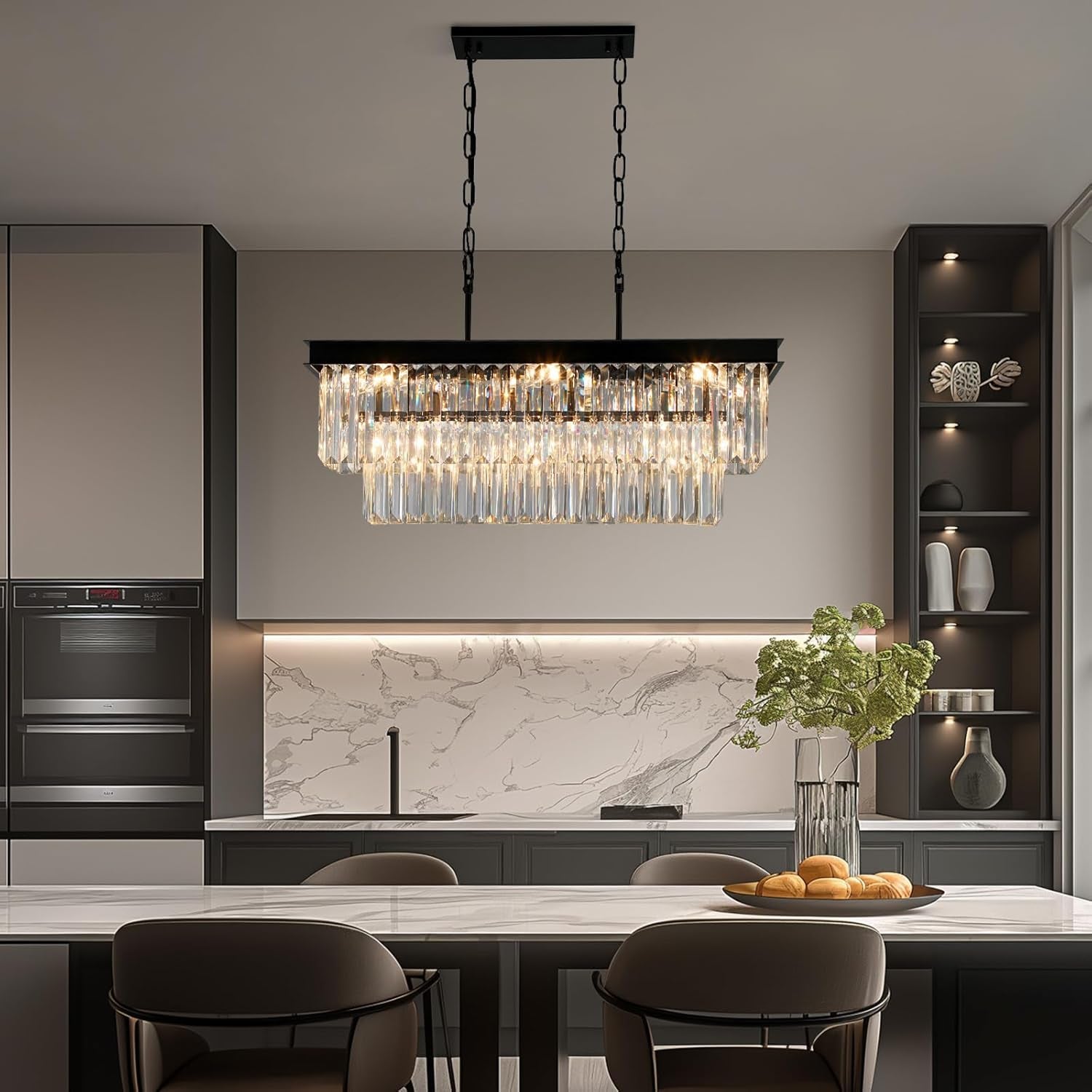 Black Crystal Chandeliers for Dining Room Light Fixtures over Table，9-Lights Modern Rectangle Chandeliers for Kitchen Island Bar L28 Inch