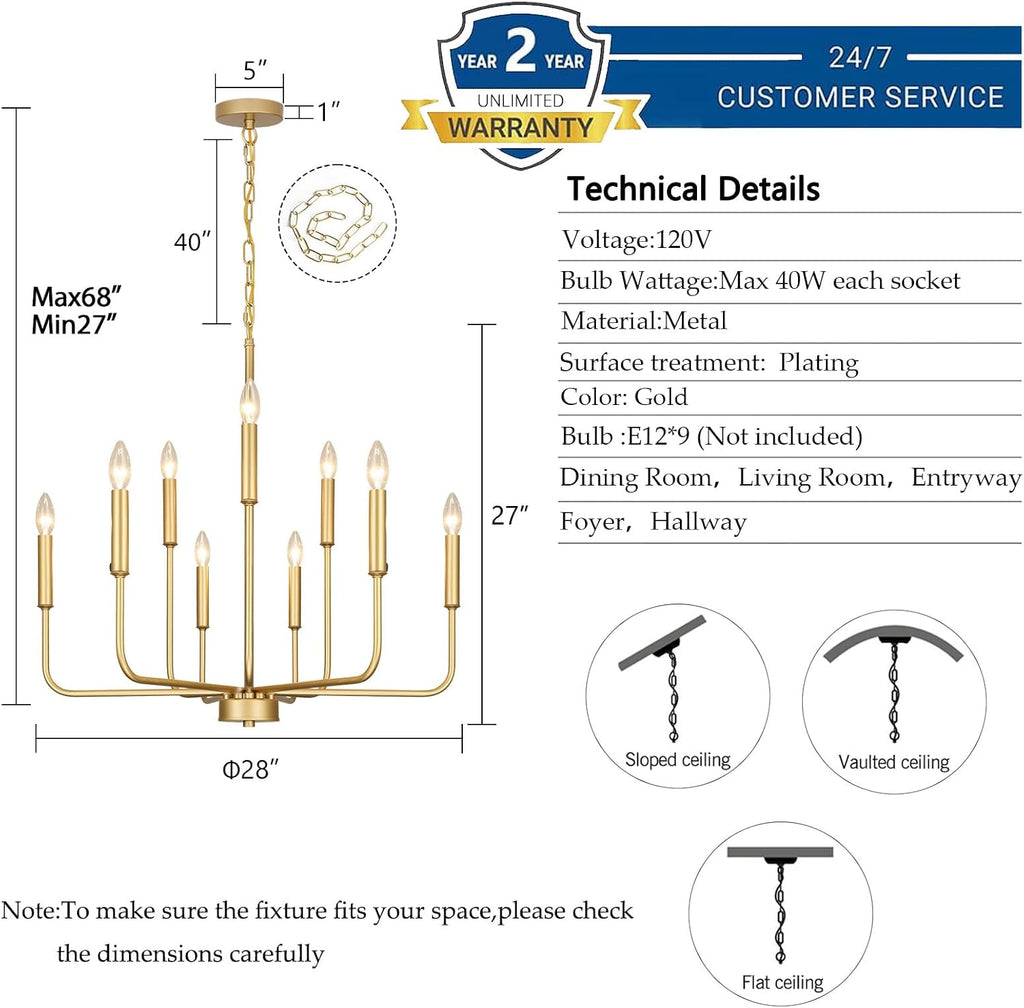 Gold Chandeliers for Dining Room Light Fixture over Table, Modern Farmhouse Chandeliers for Living Room,9-Lights Industrial Metal Candle Lighting Fixtures for Entryway Kitchen Island Foyer