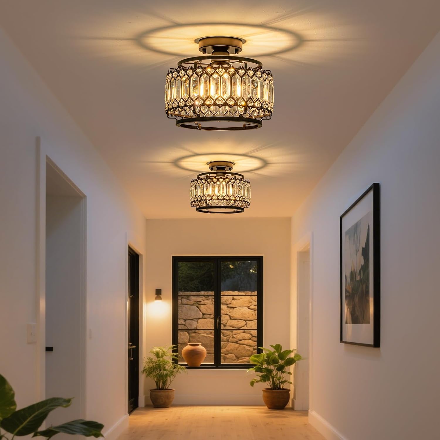 Modern Black Crystal Flush Mount Ceiling Light with LED Bulb (50% Brighter) – 11.4" Dimmable Chandelier for Dining Room, Bedroom – Reinforced Iron Frame & K9 Crystals – Easy Install