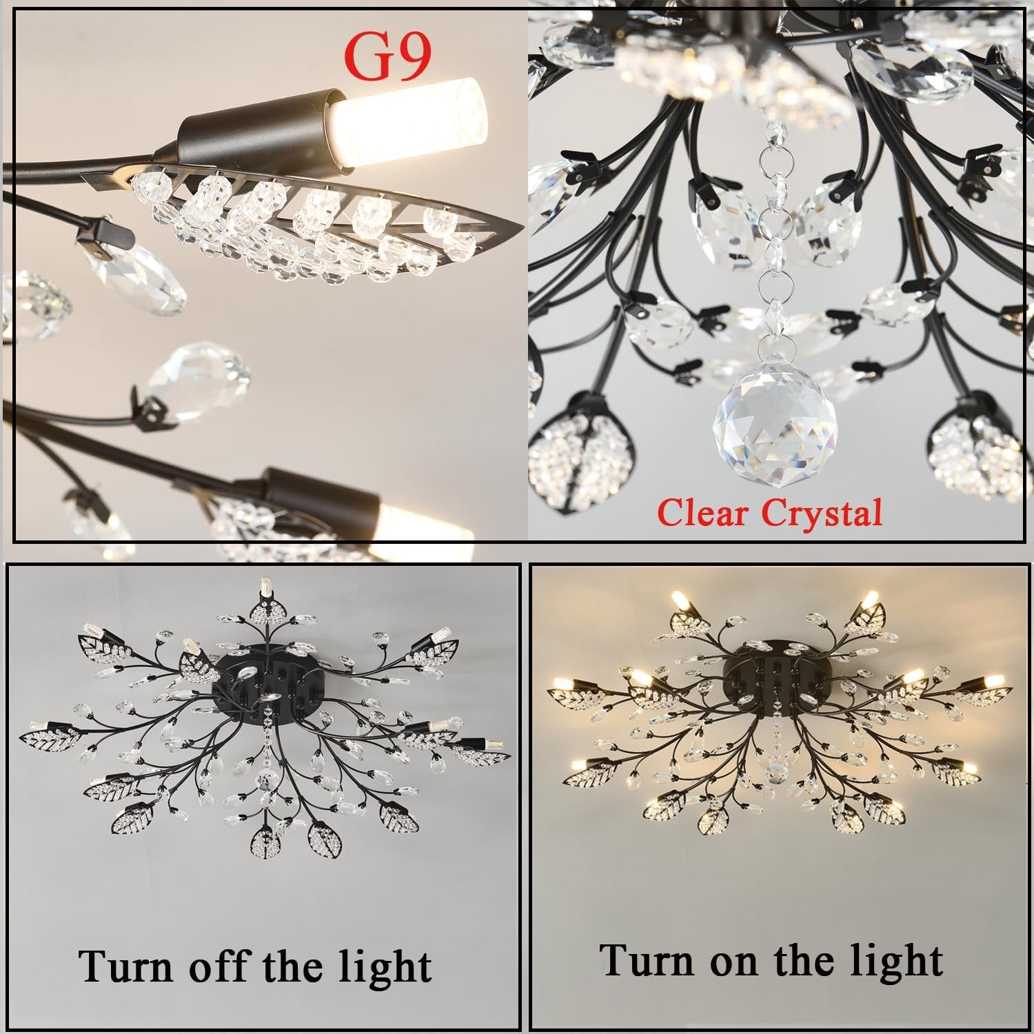 Crystal Ceiling Light Fixture,Semi Flush Mount Chandeliers,Crystal Leaf Ceiling Light, Chandeliers for Dining Room,Living Room,Bedroom
