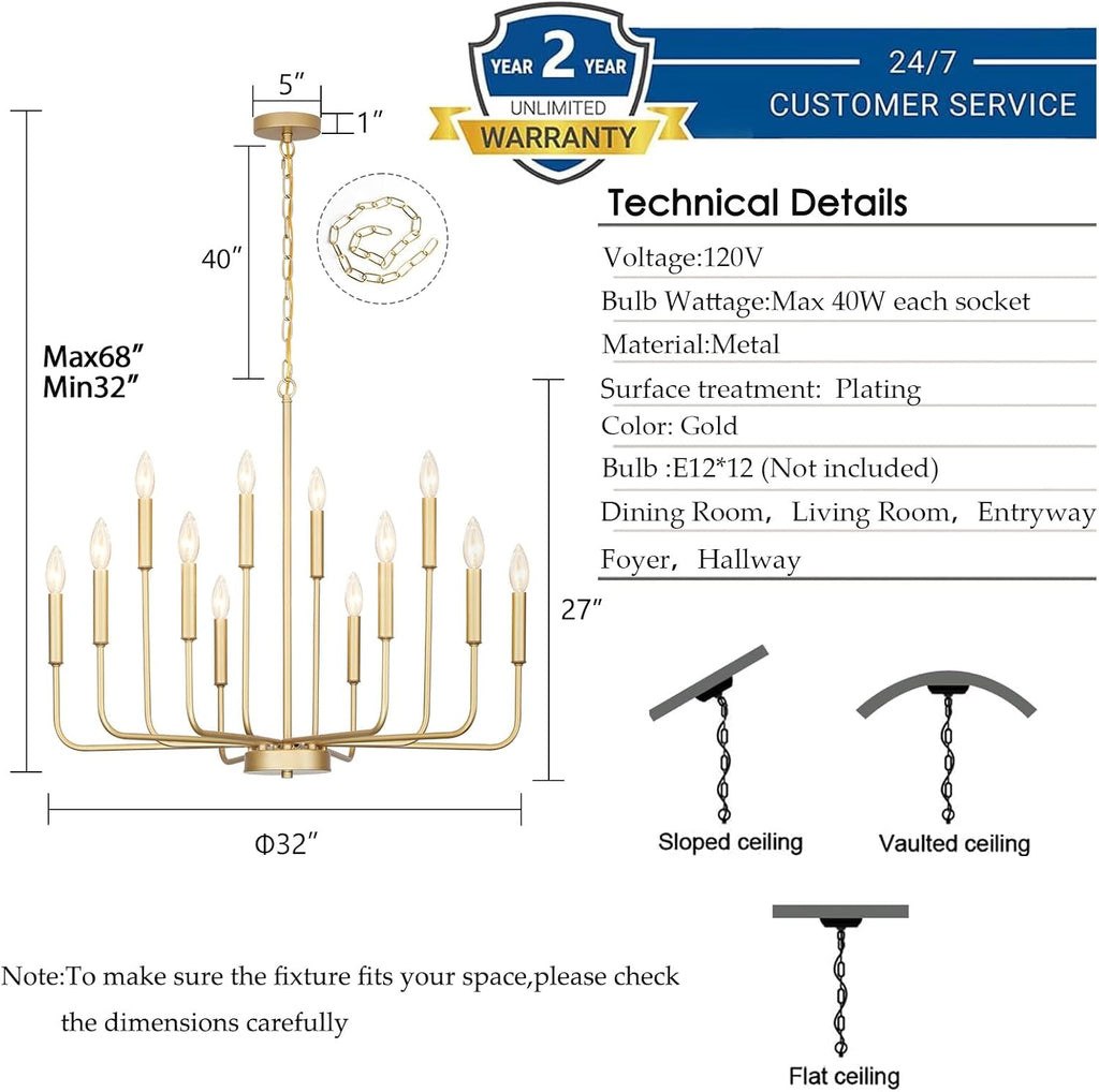 Gold Chandeliers for Dining Room Light Fixture over Table, Modern Farmhouse Chandeliers for Living Room,12-Lights Candle Lighting Fixtures for Entryway Kitchen Island Foyer