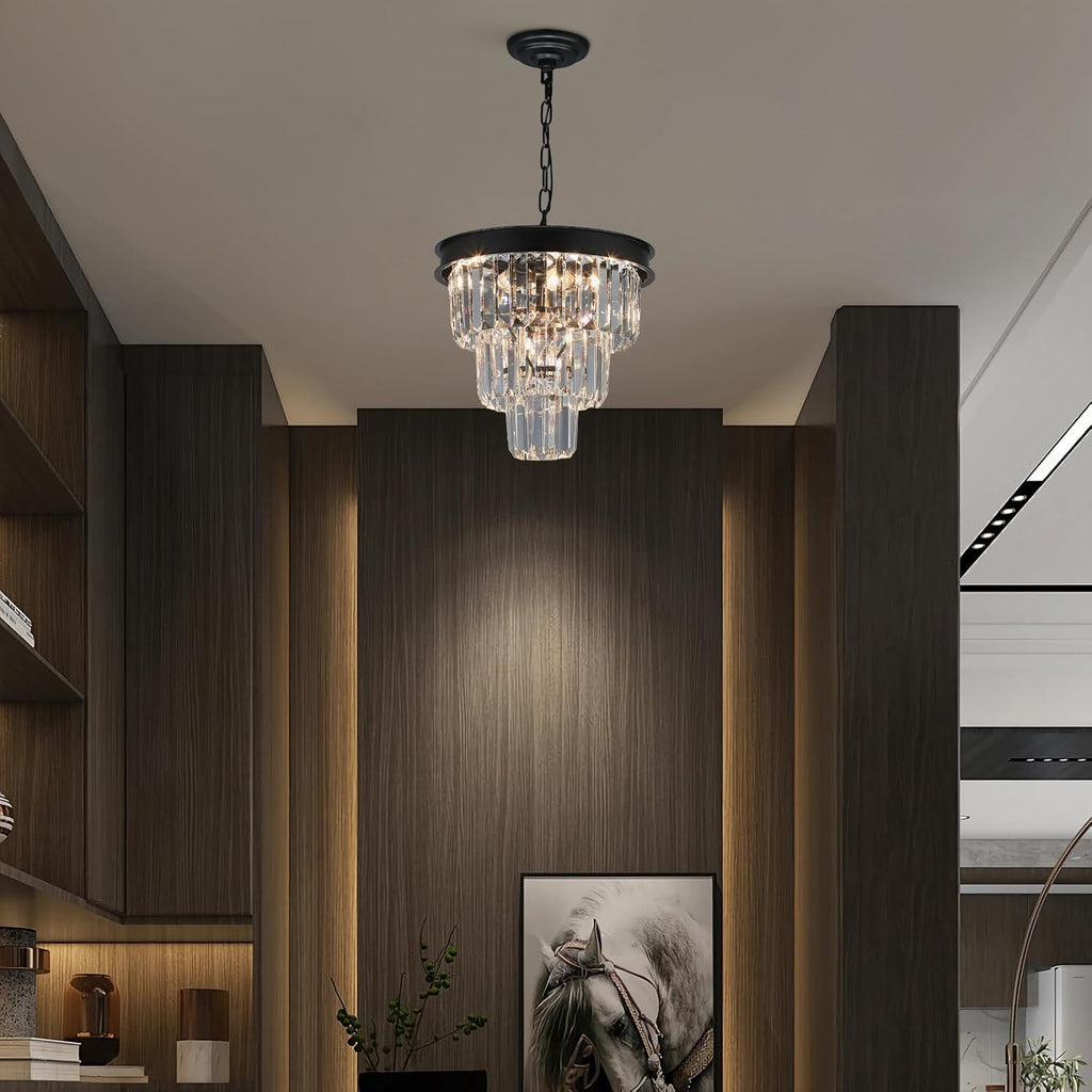 Crystal Chandeliers for Dining Room Light Fixtures over Table，4-Lights Modern Black Crystal Pendant Lighting Fixture，3 Tiers Small Chandeliers for Kitchen Island Bedroom Entryway D12 Inch
