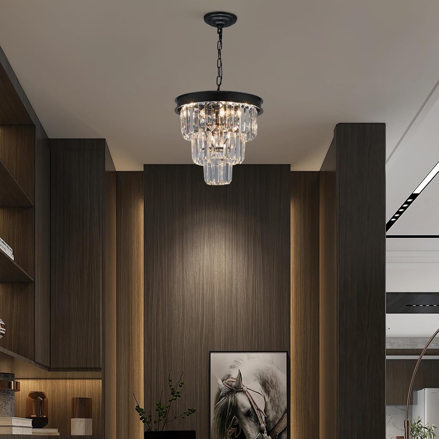 Crystal Chandeliers for Dining Room Light Fixtures over Table，4-Lights Modern Black Crystal Pendant Lighting Fixture，3 Tiers Small Chandeliers for Kitchen Island Bedroom Entryway D12 Inch