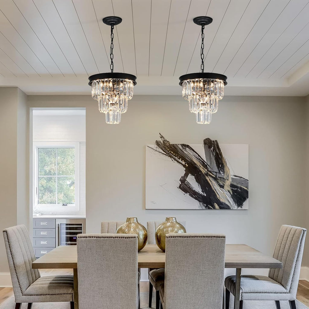 Crystal Chandeliers for Dining Room Light Fixtures over Table，4-Lights Modern Black Crystal Pendant Lighting Fixture，3 Tiers Small Chandeliers for Kitchen Island Bedroom Entryway D12 Inch