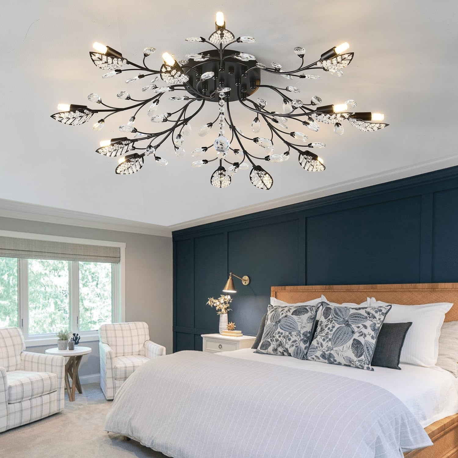 Crystal Ceiling Light Fixture,Semi Flush Mount Chandeliers,Crystal Leaf Ceiling Light, Chandeliers for Dining Room,Living Room,Bedroom