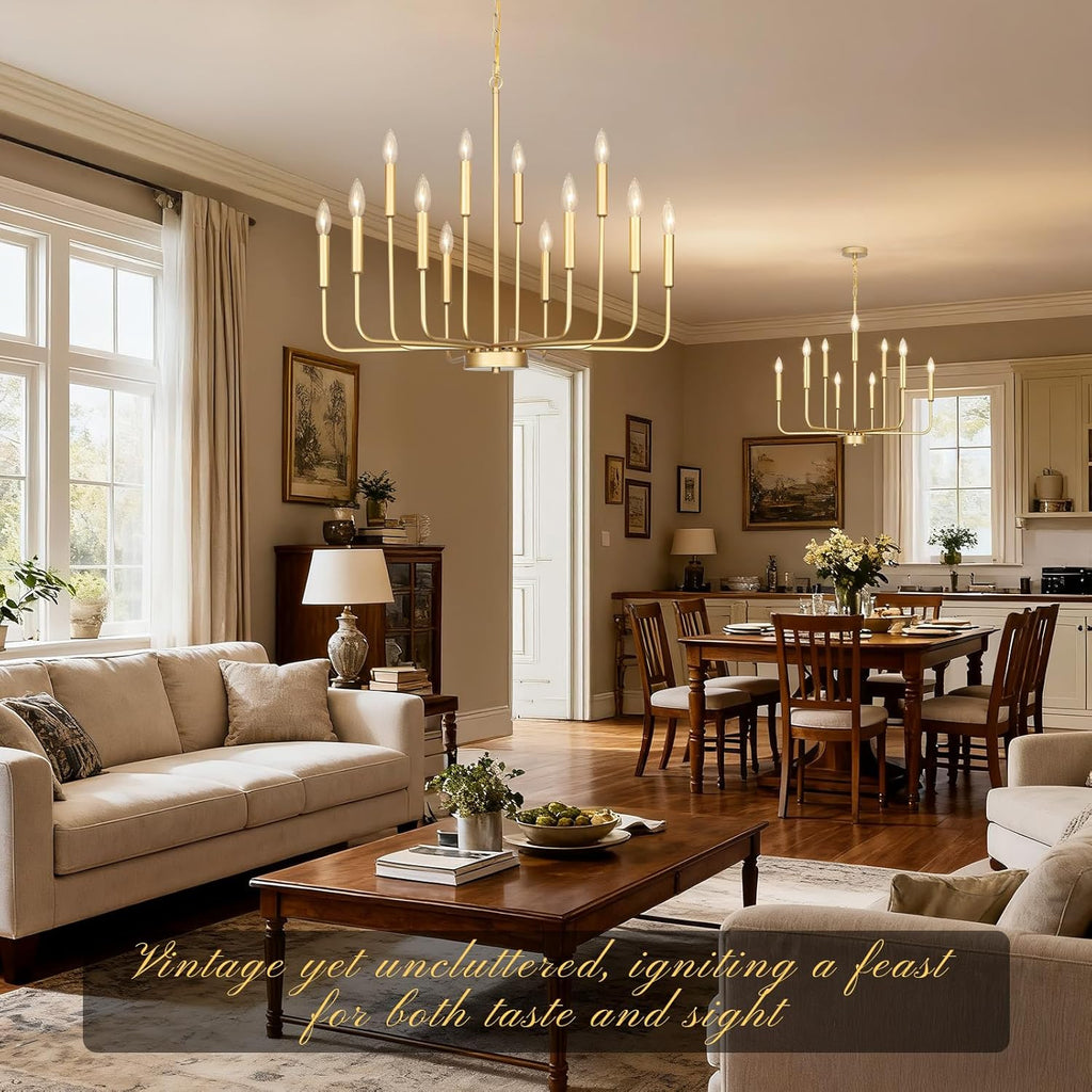 Gold Chandeliers for Dining Room Light Fixture over Table, Modern Farmhouse Chandeliers for Living Room,9-Lights Industrial Metal Candle Lighting Fixtures for Entryway Kitchen Island Foyer