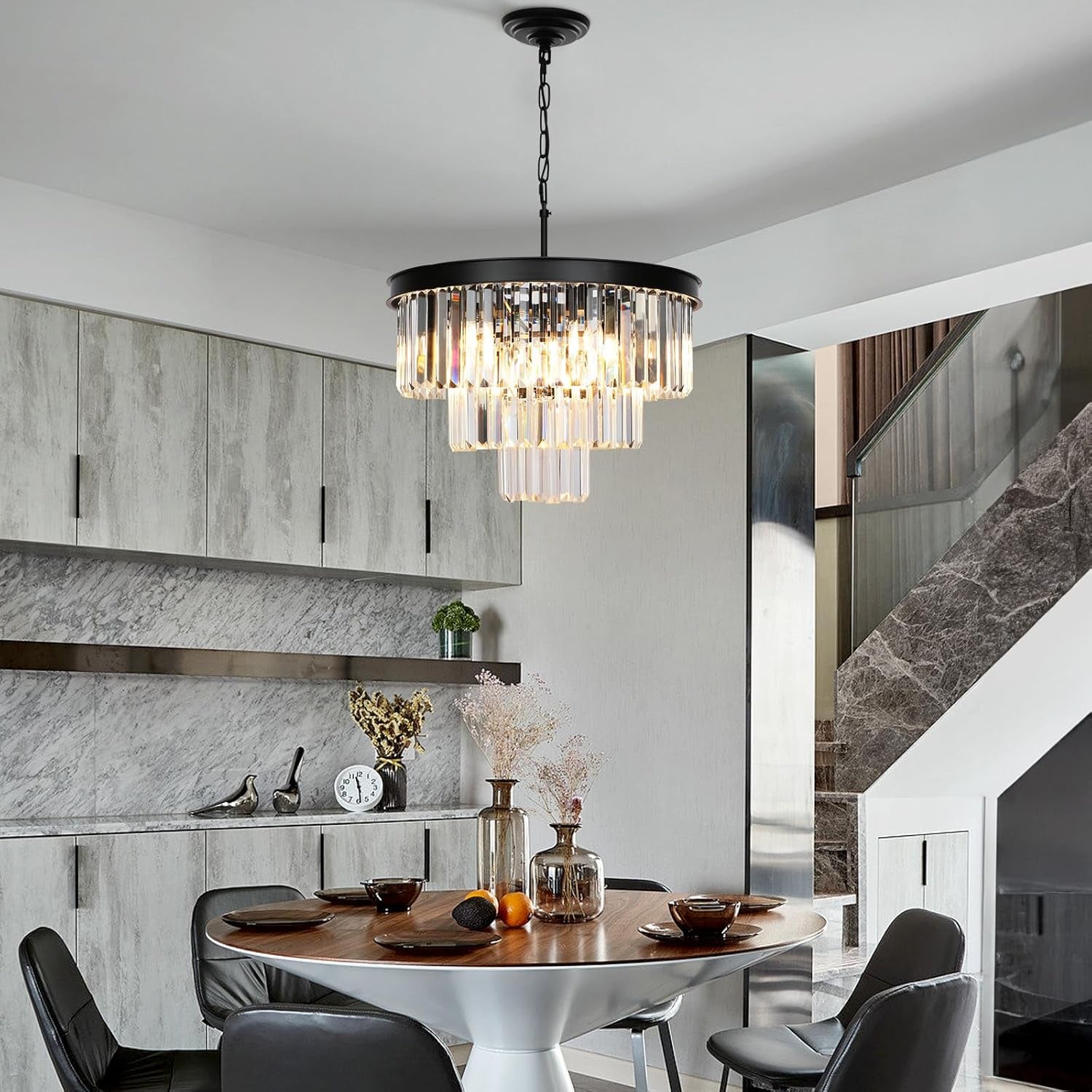 Crystal Chandeliers for Dining Room Lights Fixtures, 9 Lights Black Modern Chandeliers for Bedroom, 3-Tier round Crystal Lighting Fixtures for Living Room Entryway Kitchen Island D20 Inch