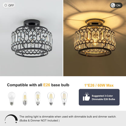 Modern Black Crystal Flush Mount Ceiling Light with LED Bulb (50% Brighter) – 11.4" Dimmable Chandelier for Dining Room, Bedroom – Reinforced Iron Frame & K9 Crystals – Easy Install