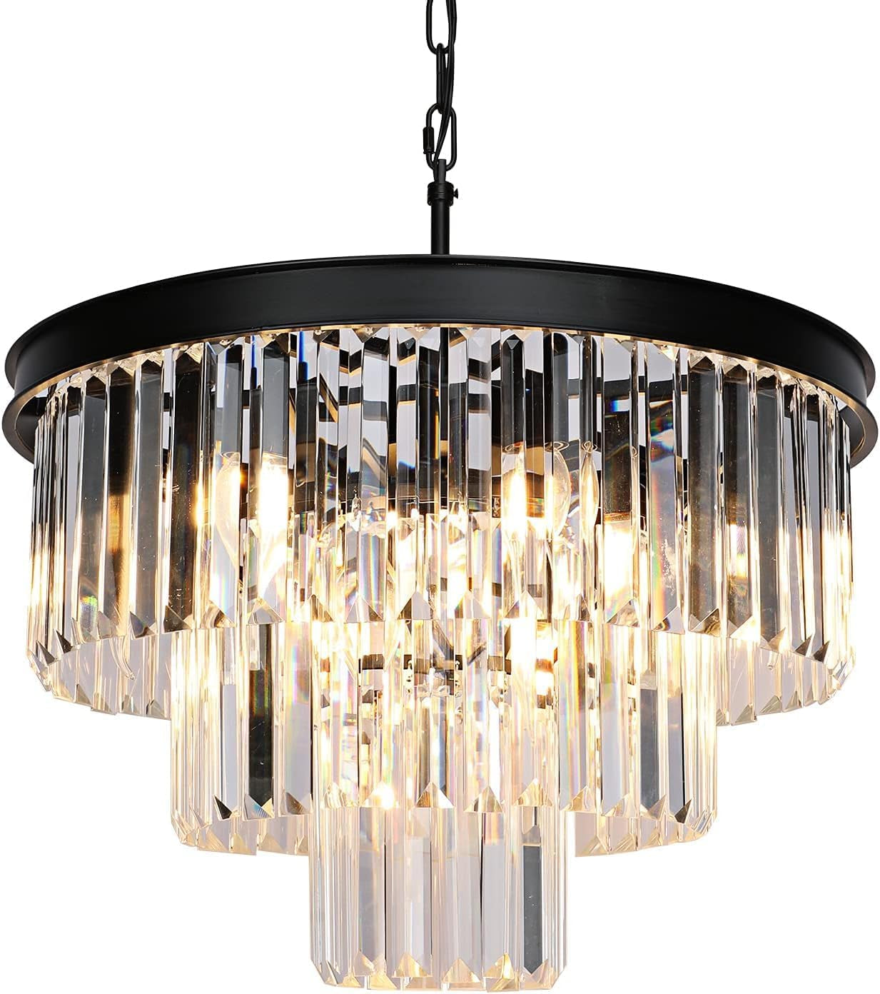 Crystal Chandeliers for Dining Room Lights Fixtures, 9 Lights Black Modern Chandeliers for Bedroom, 3-Tier round Crystal Lighting Fixtures for Living Room Entryway Kitchen Island D20 Inch