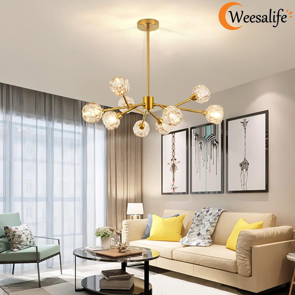 Sputnik Chandeliers for Dining Room Light Fixture over Table, Modern Crystal Chandeliers, 9 Lights Gold Lighting Fixtures for Living Room Bedroom Kitchen Island