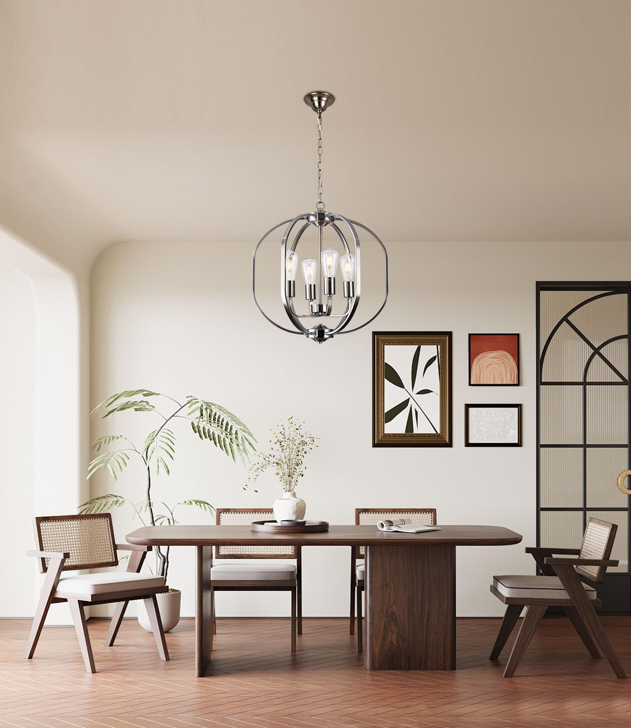 Globe Brushed Nickel Chandelier Light, Modern Farmhouse Chandeliers for Dining Room Light Fixture, Adjustable Pendant Lights Kitchen Island Foyer Lighting Fixtures for Entryway Living Room