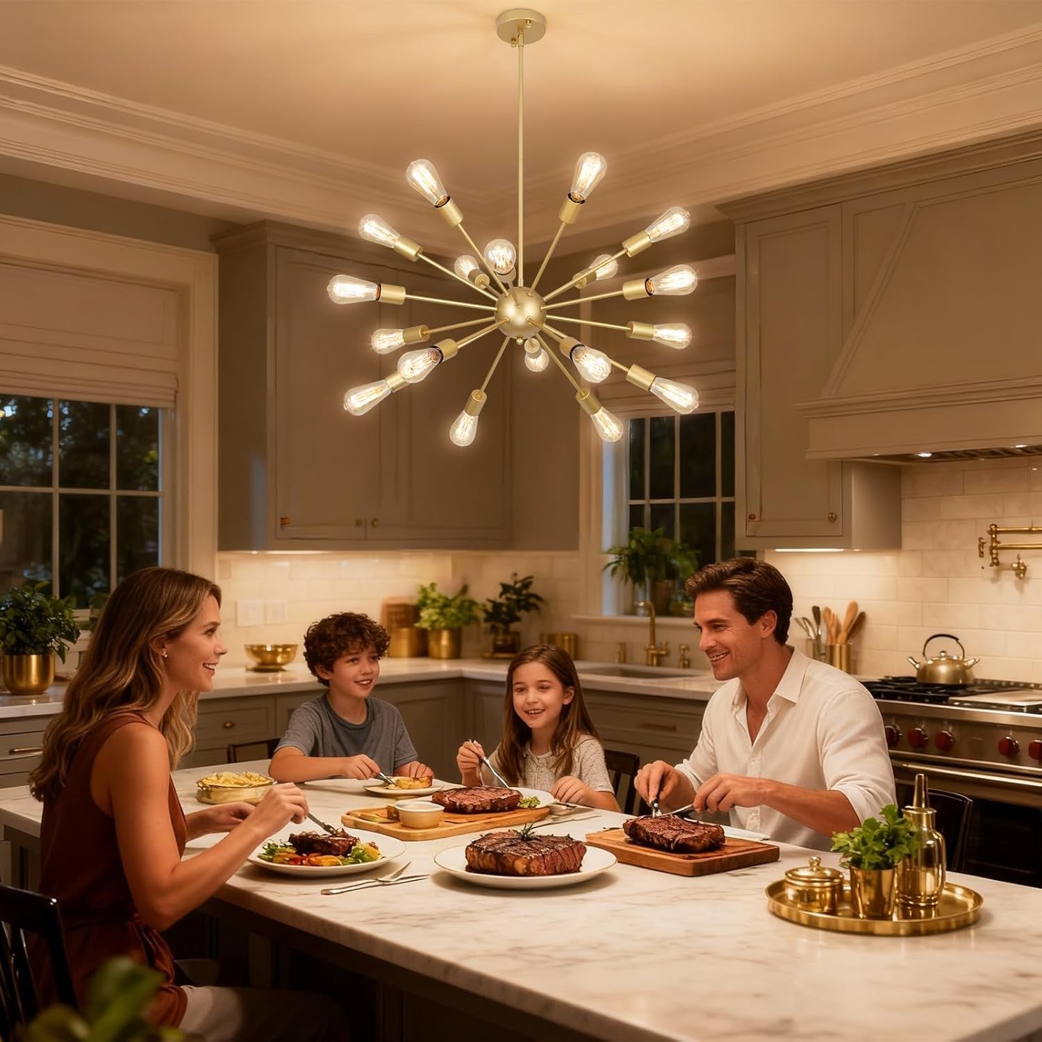 18 Light Gold Sputnik Chandeliers for Dining Room Light Fixture | Modern Farmhouse Chandeliers over Table Hanging Lighting for Living Dining Room, Kitchen Island, Entryway, Foyer