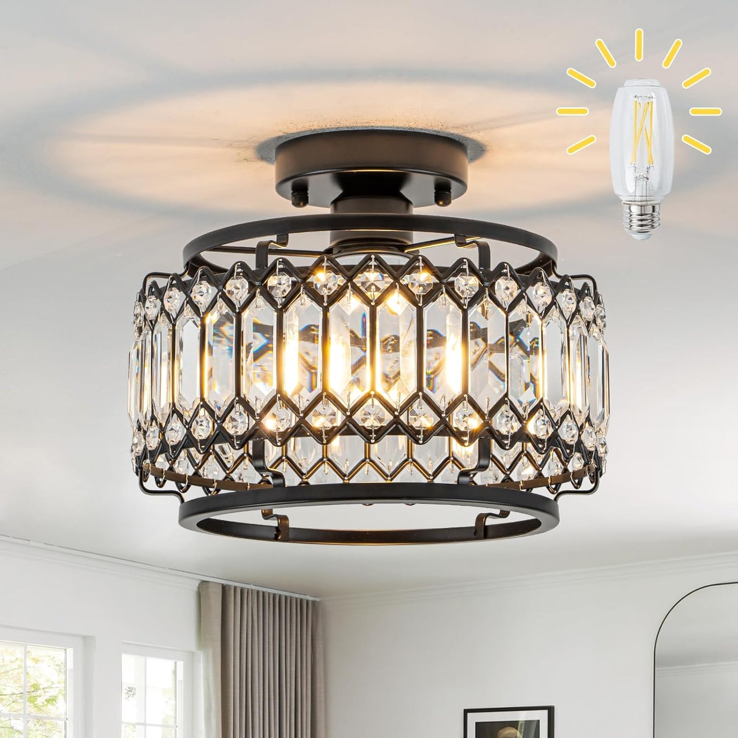 Modern Black Crystal Flush Mount Ceiling Light with LED Bulb (50% Brighter) – 11.4" Dimmable Chandelier for Dining Room, Bedroom – Reinforced Iron Frame & K9 Crystals – Easy Install
