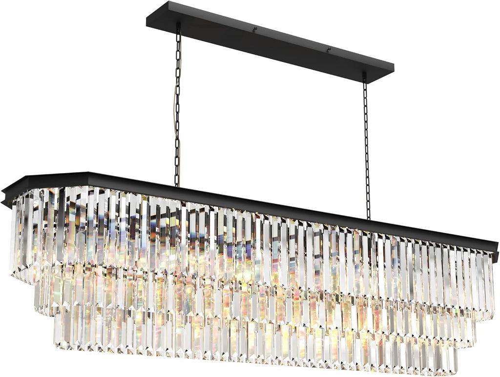 Crystal Chandelier, 23-Light 3 Tiers Hexagon Crystal Light, Adjustable Hanging Metal Ceiling Lighting Fixture, Modern Foyer Dining Room Chandeliers for Bedroom,Hallway,Kitchen, L59-Inch Black