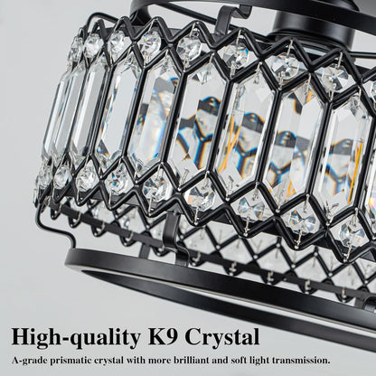 Modern Black Crystal Flush Mount Ceiling Light with LED Bulb (50% Brighter) – 11.4" Dimmable Chandelier for Dining Room, Bedroom – Reinforced Iron Frame & K9 Crystals – Easy Install