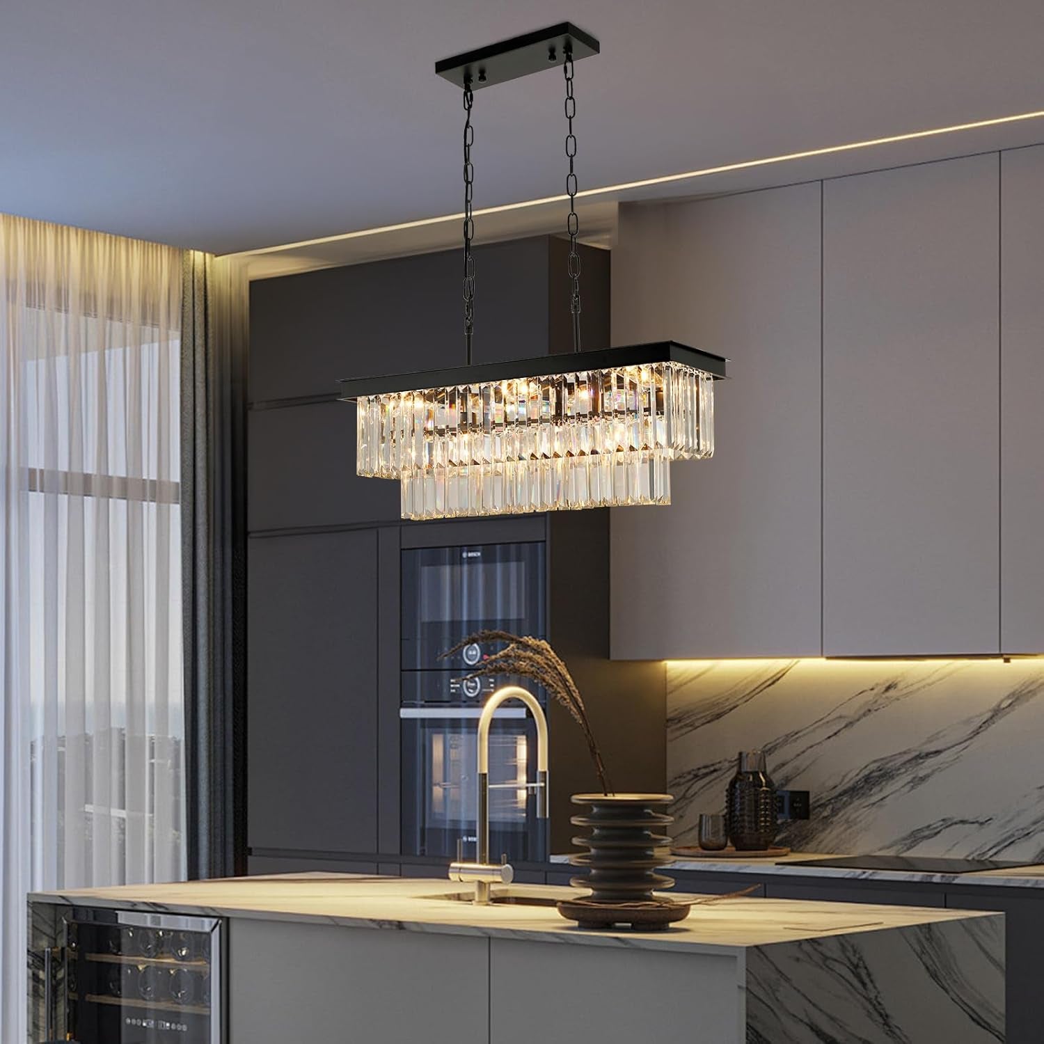 Black Crystal Chandeliers for Dining Room Light Fixtures over Table，9-Lights Modern Rectangle Chandeliers for Kitchen Island Bar L28 Inch