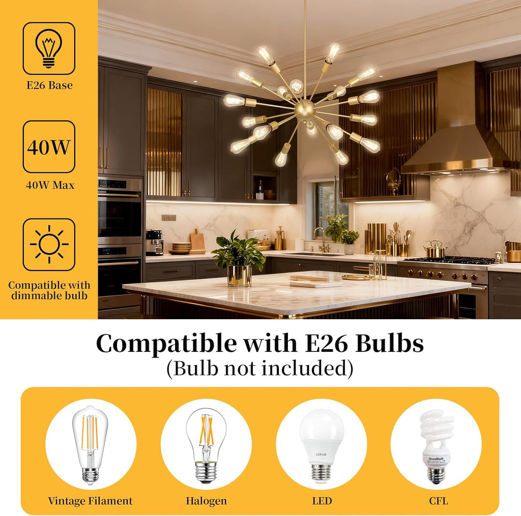 18 Light Gold Sputnik Chandeliers for Dining Room Light Fixture | Modern Farmhouse Chandeliers over Table Hanging Lighting for Living Dining Room, Kitchen Island, Entryway, Foyer