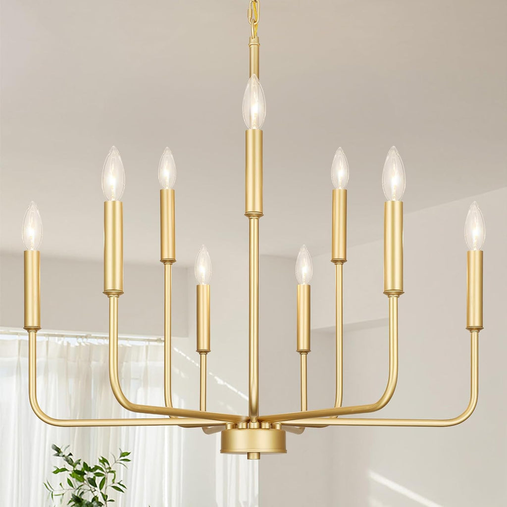 Gold Chandeliers for Dining Room Light Fixture over Table, Modern Farmhouse Chandeliers for Living Room,9-Lights Industrial Metal Candle Lighting Fixtures for Entryway Kitchen Island Foyer