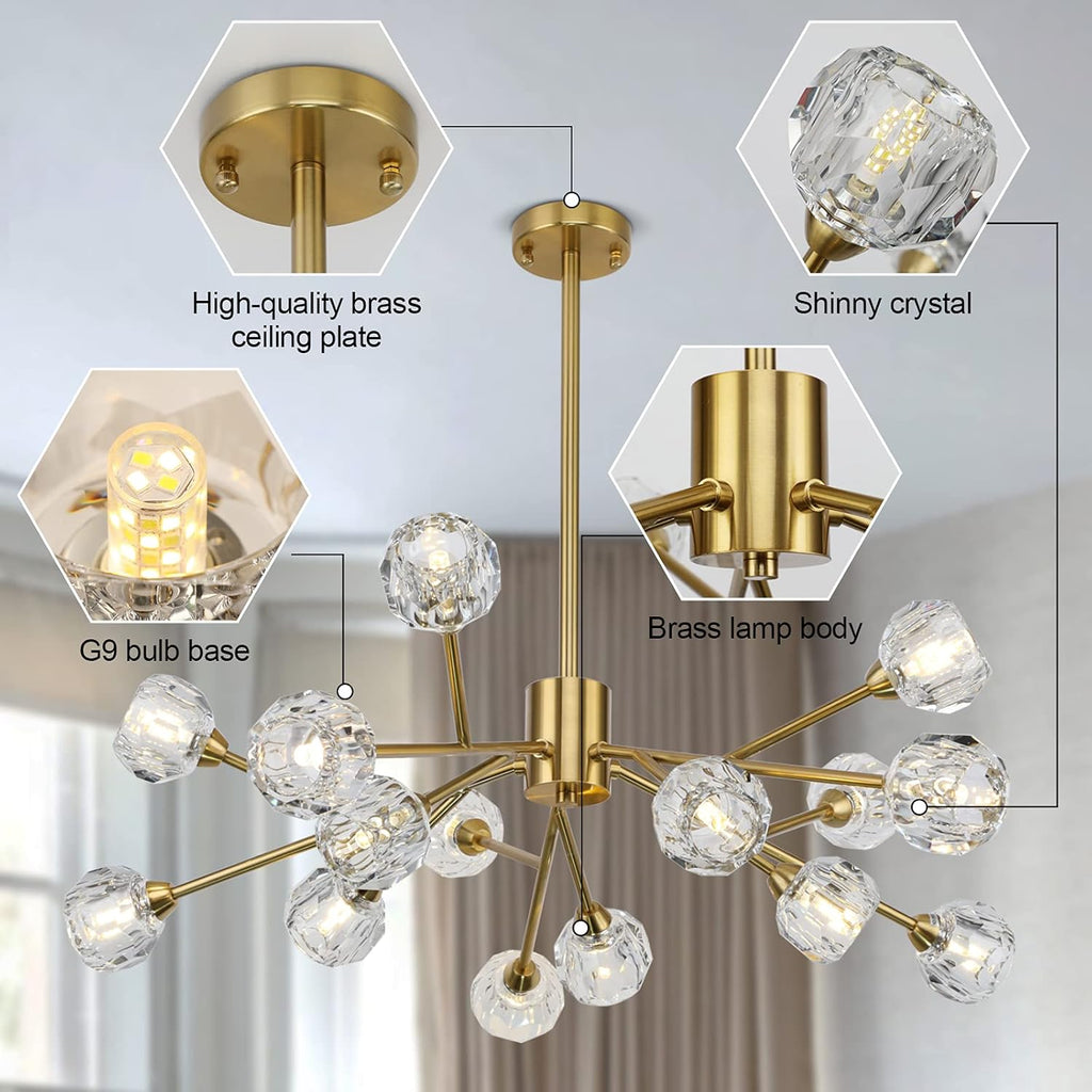 Sputnik Chandeliers for Dining Room Light Fixtures,Modern Crystal Chandeliers for Living Room,15 Lights Gold Mid Century Brass Lighting Fixtures for Kitchen Island Bedroom Entryway