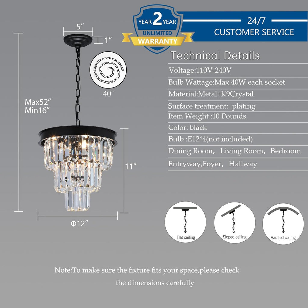 Crystal Chandeliers for Dining Room Light Fixtures over Table，4-Lights Modern Black Crystal Pendant Lighting Fixture，3 Tiers Small Chandeliers for Kitchen Island Bedroom Entryway D12 Inch