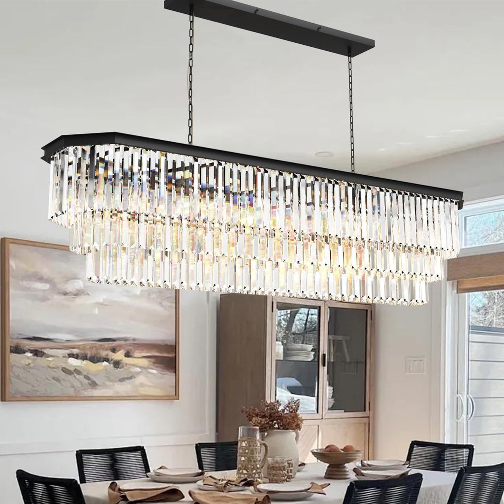 Crystal Chandelier, 23-Light 3 Tiers Hexagon Crystal Light, Adjustable Hanging Metal Ceiling Lighting Fixture, Modern Foyer Dining Room Chandeliers for Bedroom,Hallway,Kitchen, L59-Inch Black