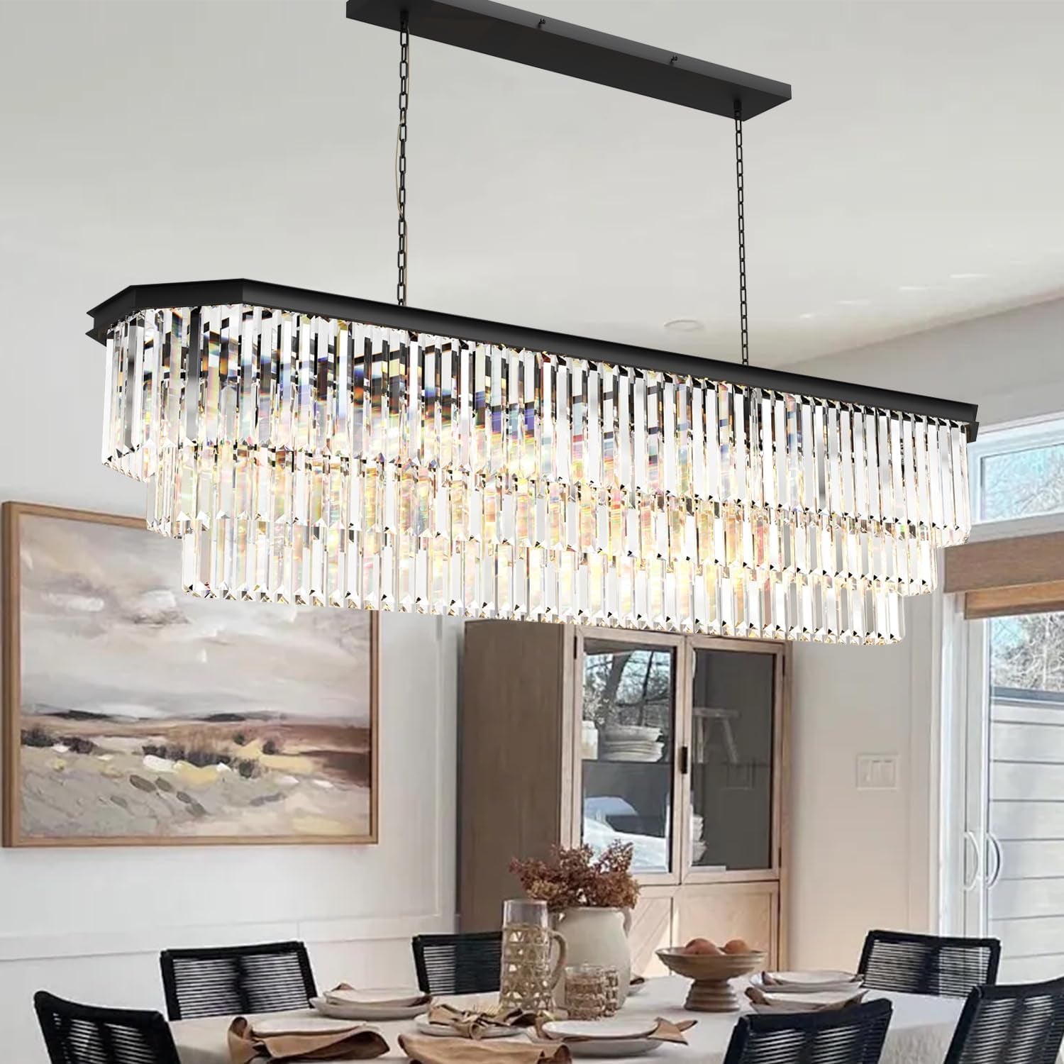 Crystal Chandelier, 23-Light 3 Tiers Hexagon Crystal Light, Adjustable Hanging Metal Ceiling Lighting Fixture, Modern Foyer Dining Room Chandeliers for Bedroom,Hallway,Kitchen, L59-Inch Black