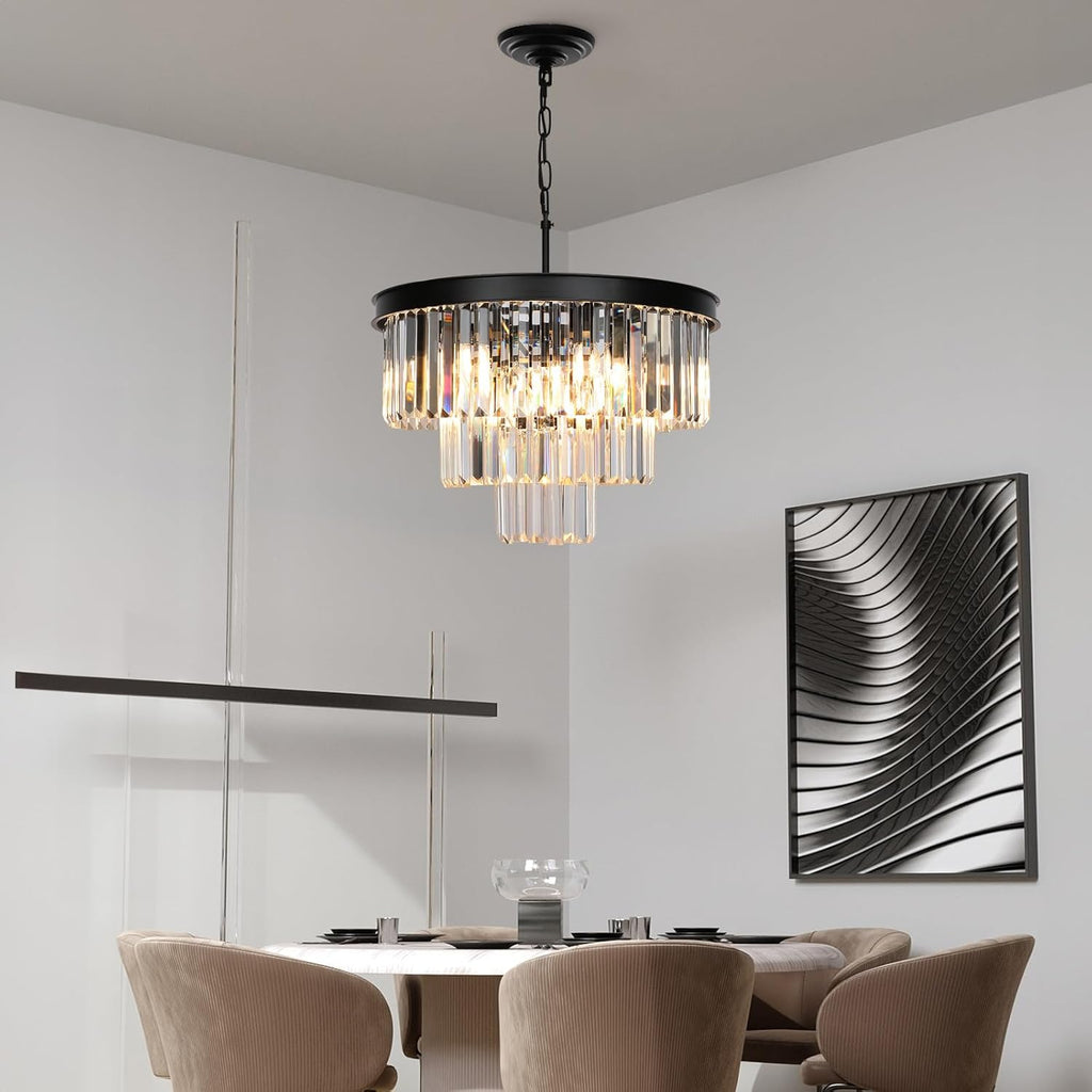 Crystal Chandeliers for Dining Room Lights Fixtures, 9 Lights Black Modern Chandeliers for Bedroom, 3-Tier round Crystal Lighting Fixtures for Living Room Entryway Kitchen Island D20 Inch