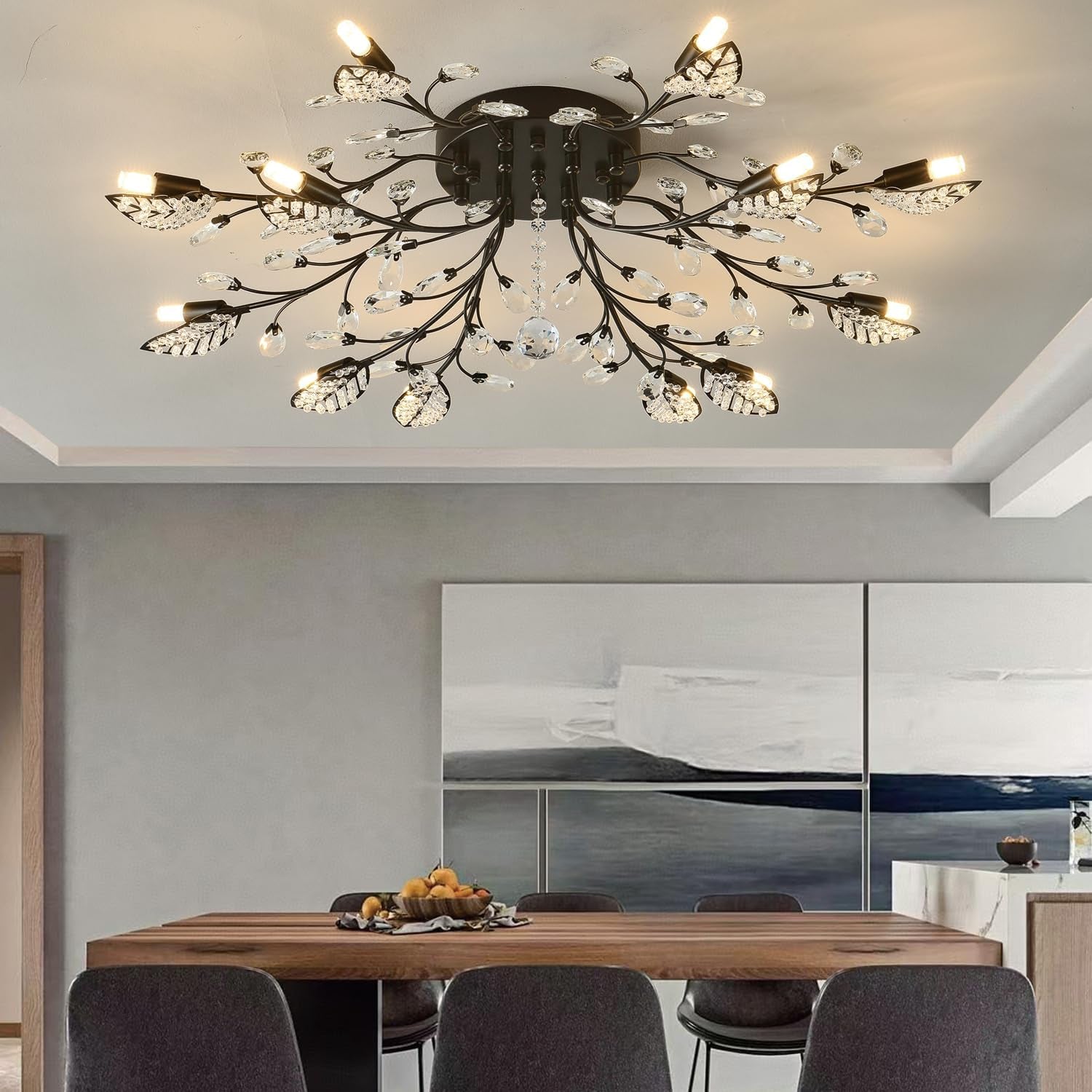 Crystal Ceiling Light Fixture,Semi Flush Mount Chandeliers,Crystal Leaf Ceiling Light, Chandeliers for Dining Room,Living Room,Bedroom