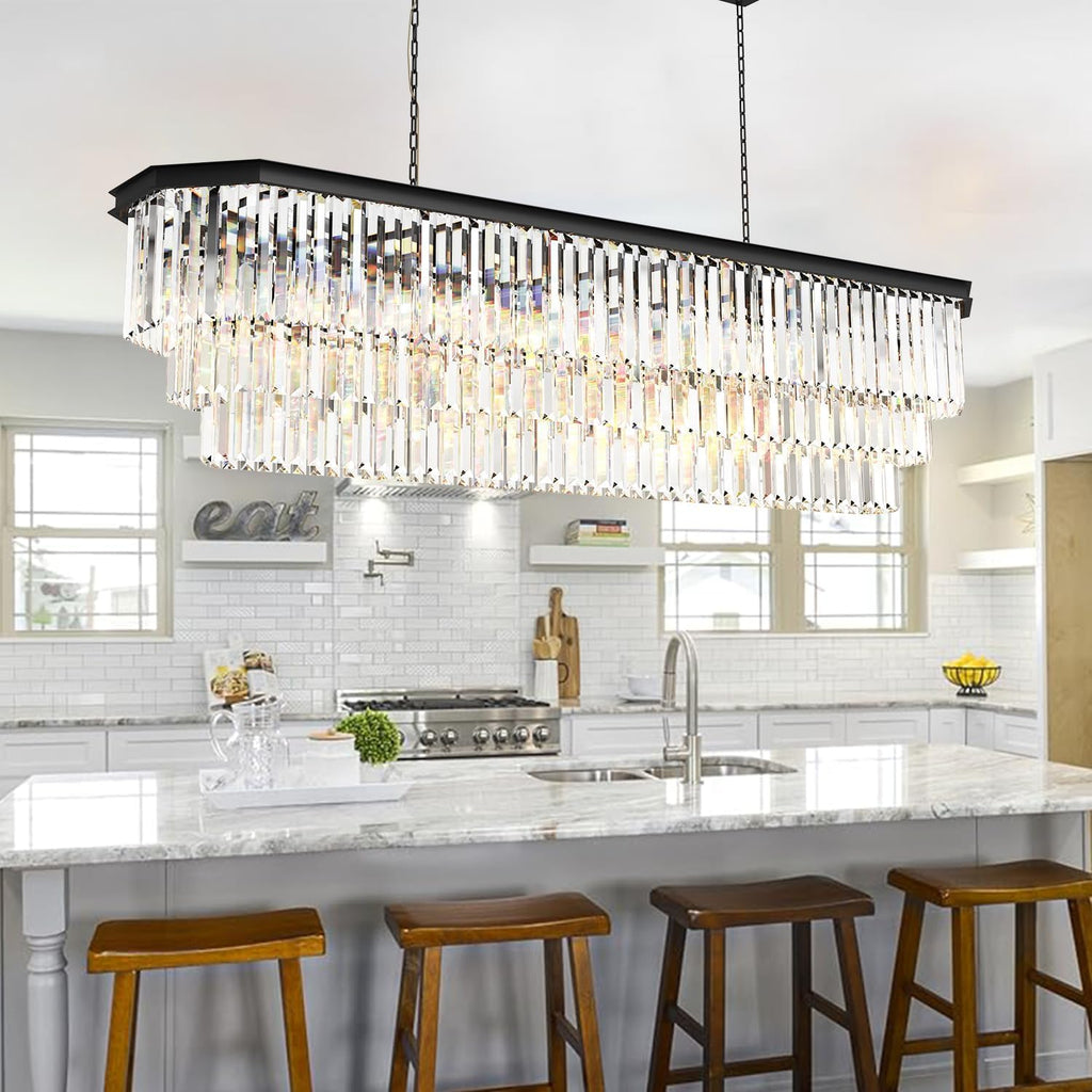 Crystal Chandelier, 23-Light 3 Tiers Hexagon Crystal Light, Adjustable Hanging Metal Ceiling Lighting Fixture, Modern Foyer Dining Room Chandeliers for Bedroom,Hallway,Kitchen, L59-Inch Black