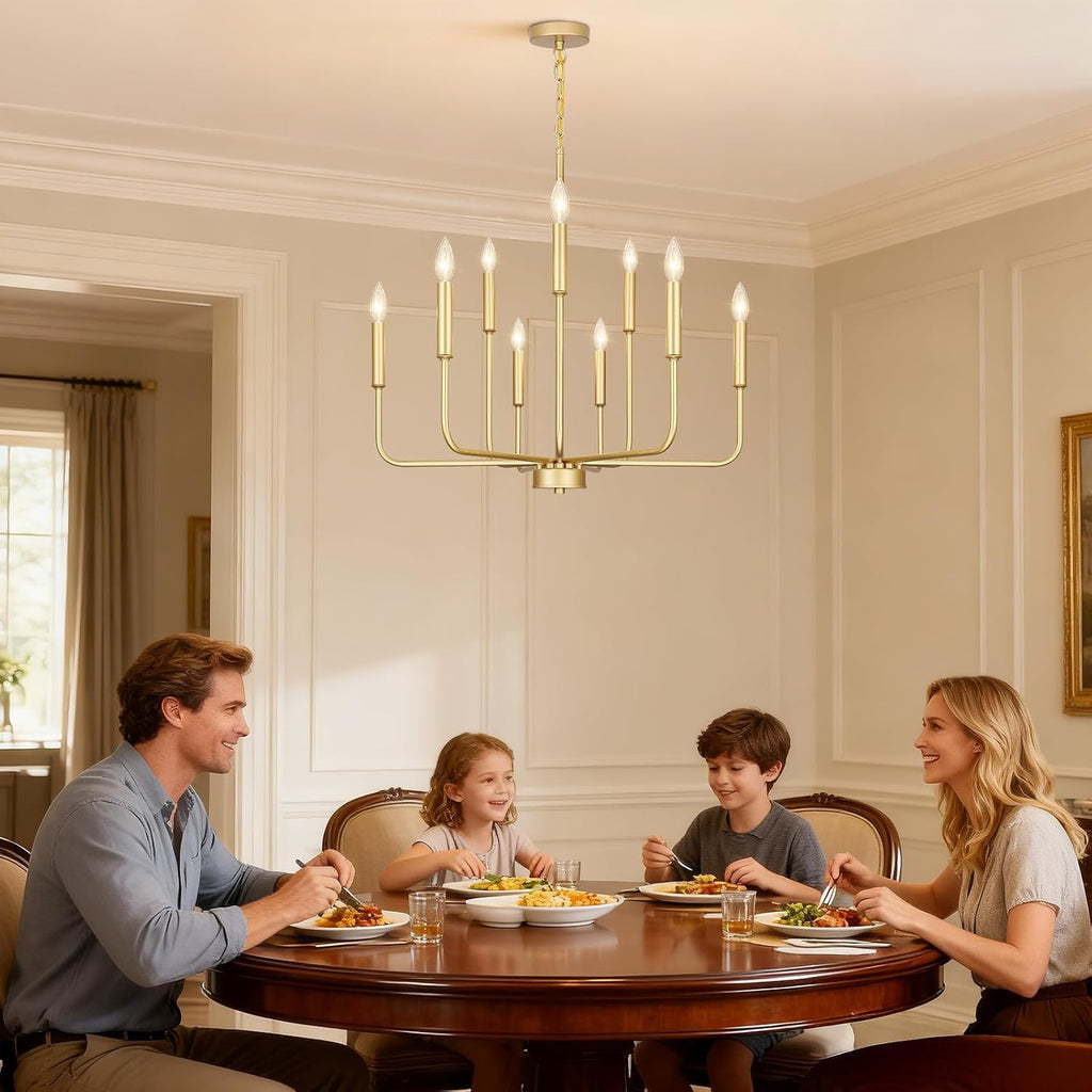 Gold Chandeliers for Dining Room Light Fixture over Table, Modern Farmhouse Chandeliers for Living Room,9-Lights Industrial Metal Candle Lighting Fixtures for Entryway Kitchen Island Foyer