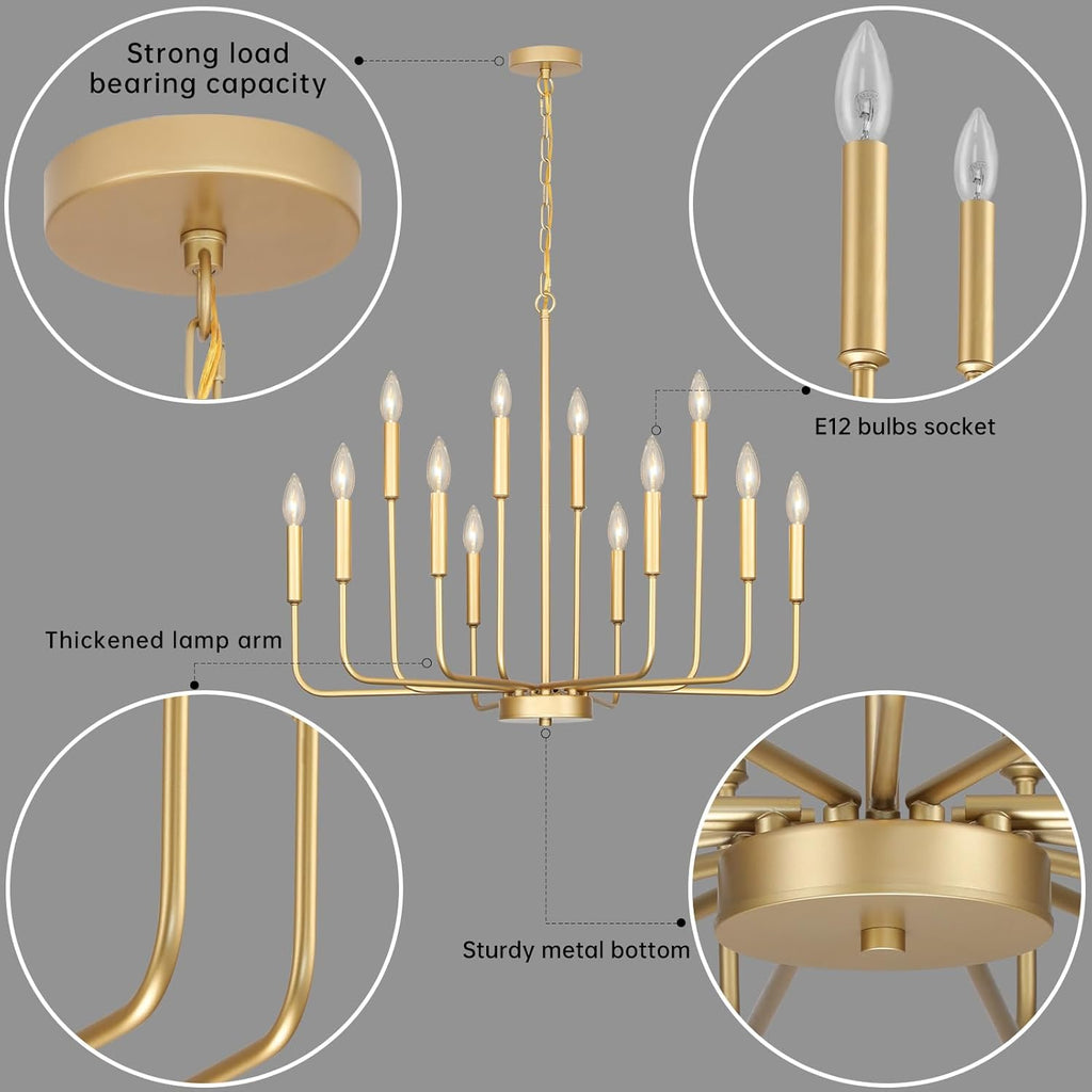 Gold Chandeliers for Dining Room Light Fixture over Table, Modern Farmhouse Chandeliers for Living Room,12-Lights Candle Lighting Fixtures for Entryway Kitchen Island Foyer