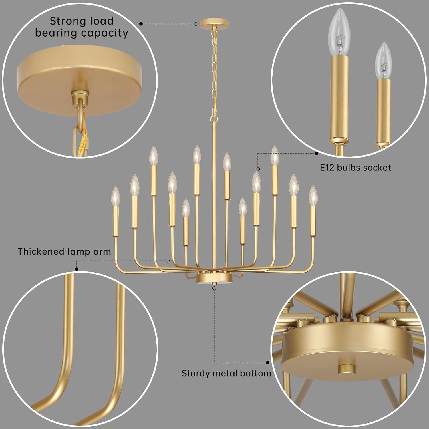 Gold Chandeliers for Dining Room Light Fixture over Table, Modern Farmhouse Chandeliers for Living Room,12-Lights Candle Lighting Fixtures for Entryway Kitchen Island Foyer