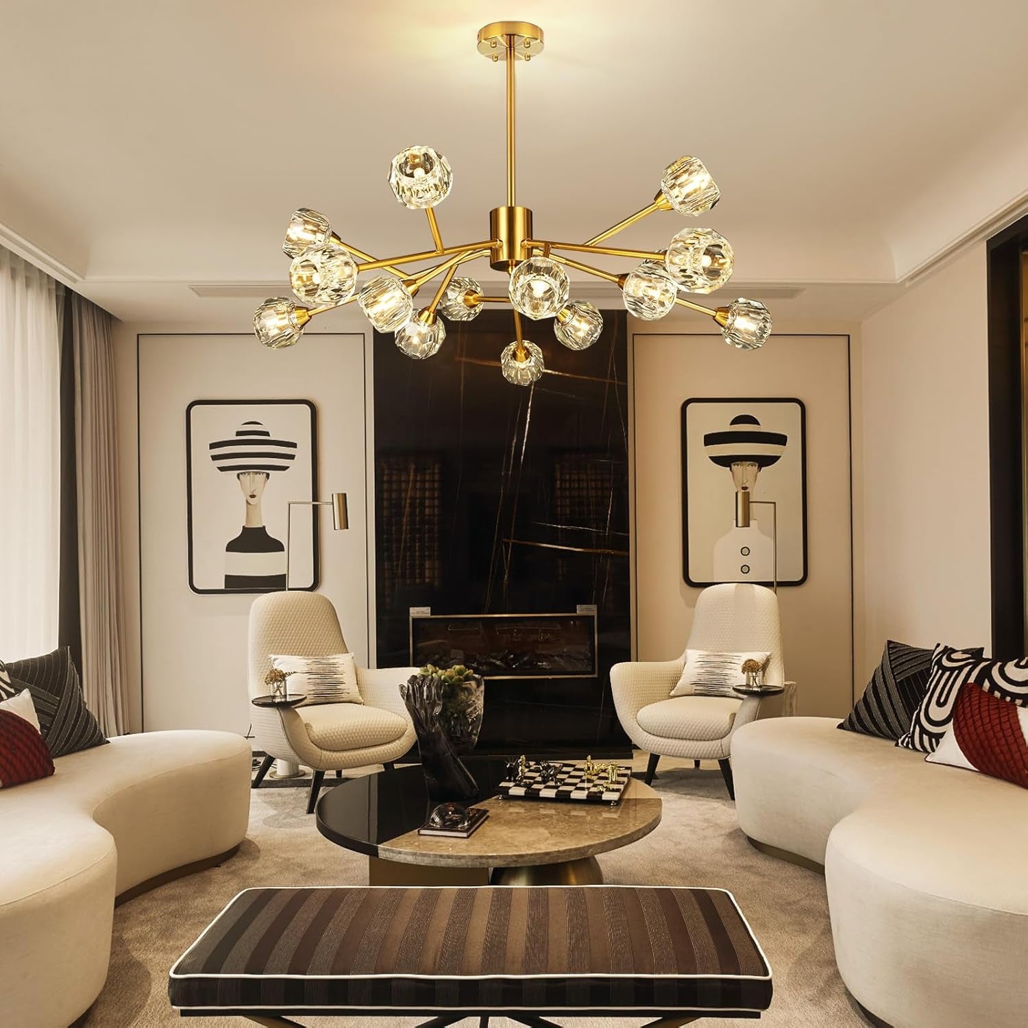 Sputnik Chandeliers for Dining Room Light Fixtures,Modern Crystal Chandeliers for Living Room,15 Lights Gold Mid Century Brass Lighting Fixtures for Kitchen Island Bedroom Entryway