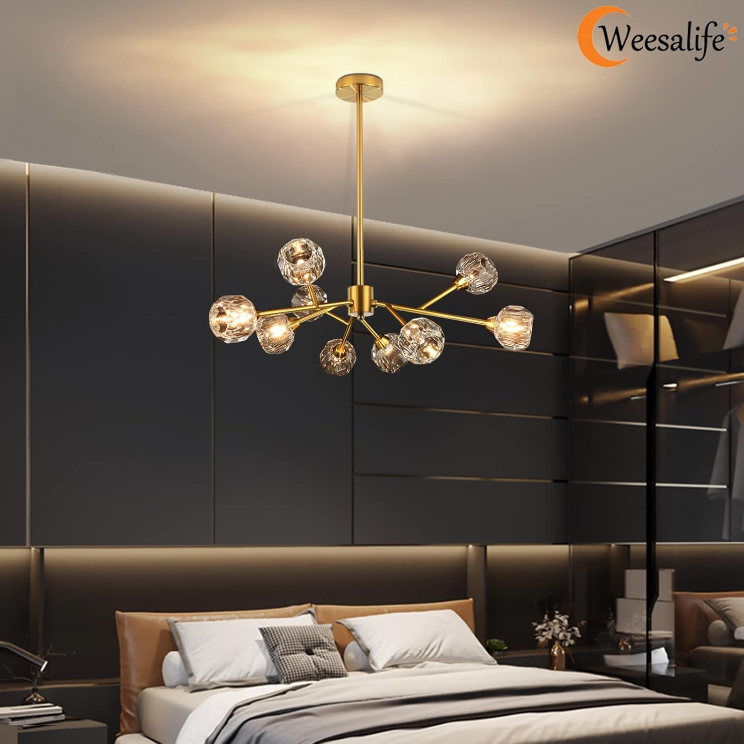 Sputnik Chandeliers for Dining Room Light Fixture over Table, Modern Crystal Chandeliers, 9 Lights Gold Lighting Fixtures for Living Room Bedroom Kitchen Island