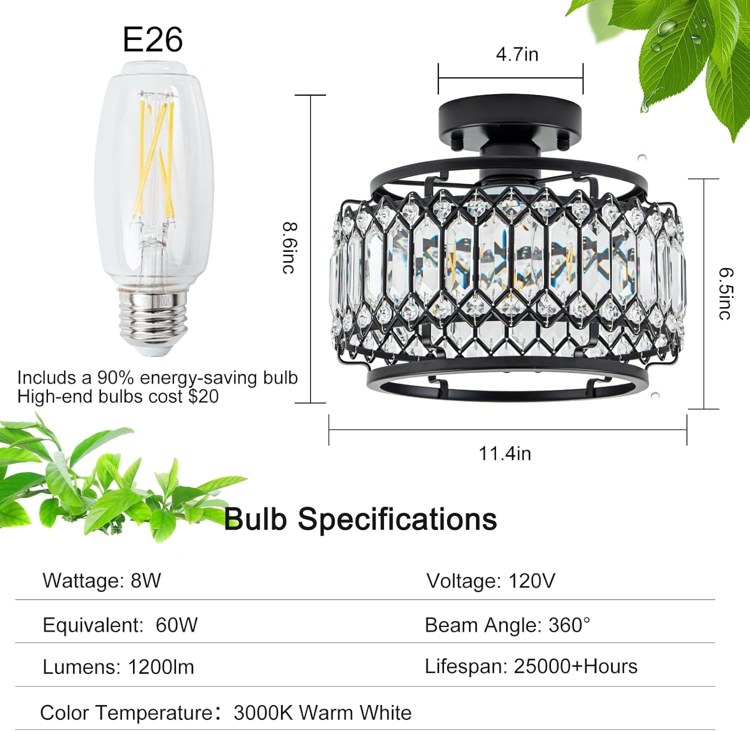 Modern Black Crystal Flush Mount Ceiling Light with LED Bulb (50% Brighter) – 11.4" Dimmable Chandelier for Dining Room, Bedroom – Reinforced Iron Frame & K9 Crystals – Easy Install