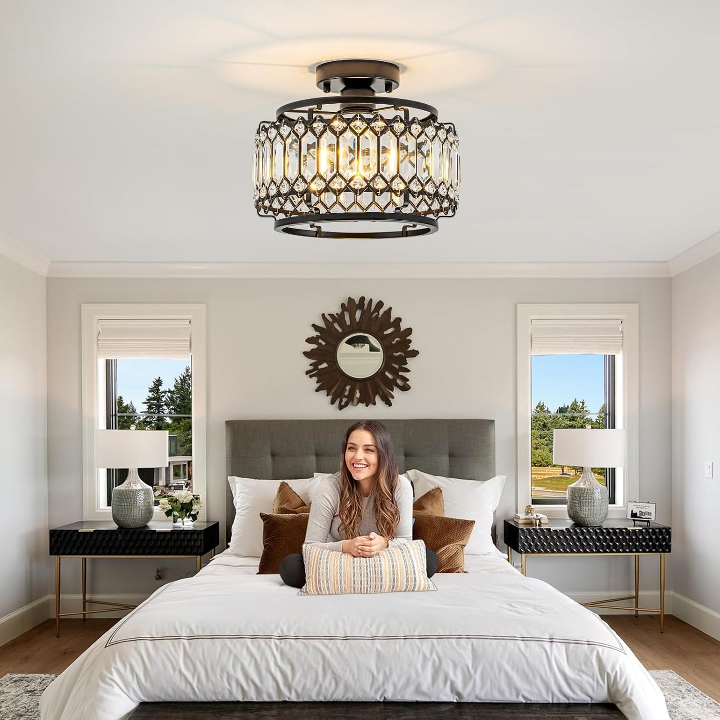 Modern Black Crystal Flush Mount Ceiling Light with LED Bulb (50% Brighter) – 11.4" Dimmable Chandelier for Dining Room, Bedroom – Reinforced Iron Frame & K9 Crystals – Easy Install